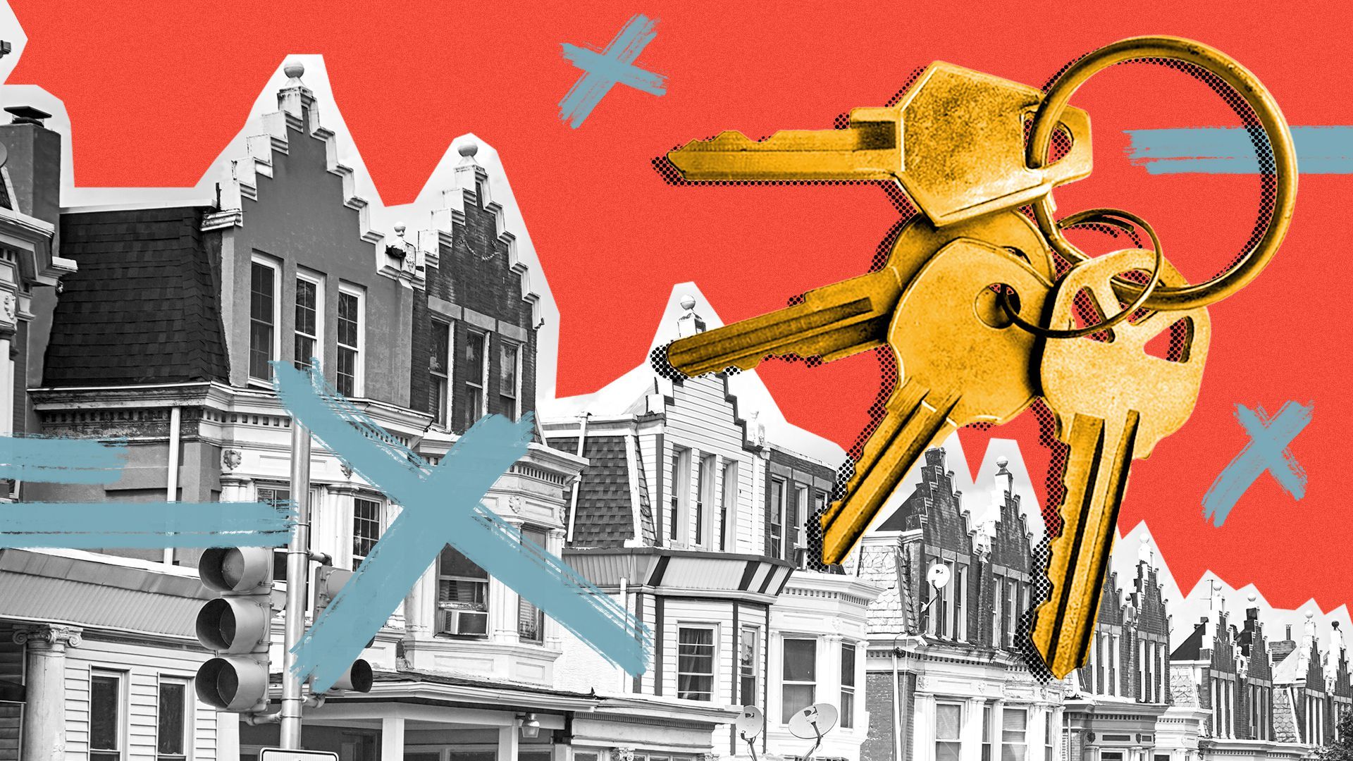Illustrated collage of Philly row homes and a key ring.