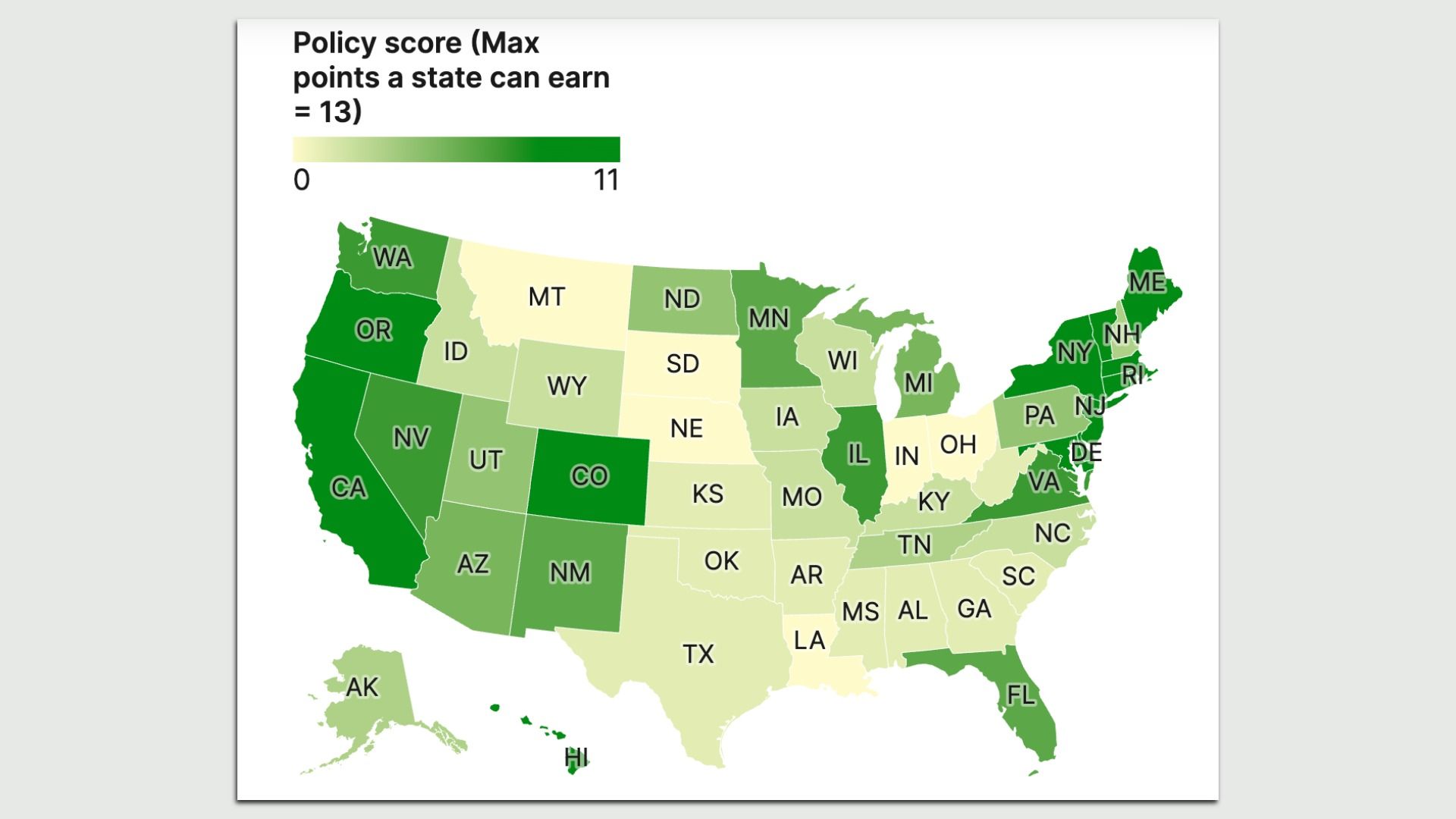 Map that ranks states by the strength of their electric vehicle policies