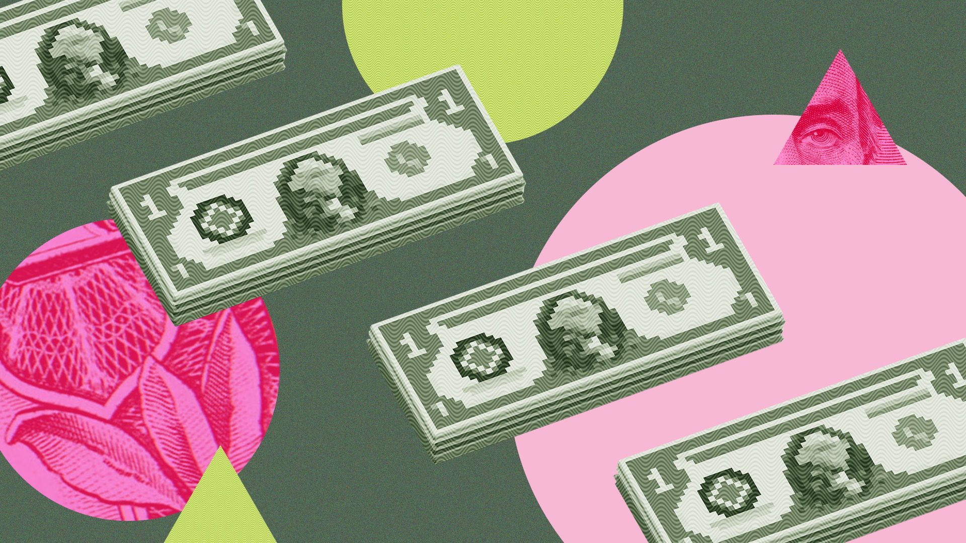 a repeating pattern of pixelated money surrounded by circles, triangles and cutouts of paper money