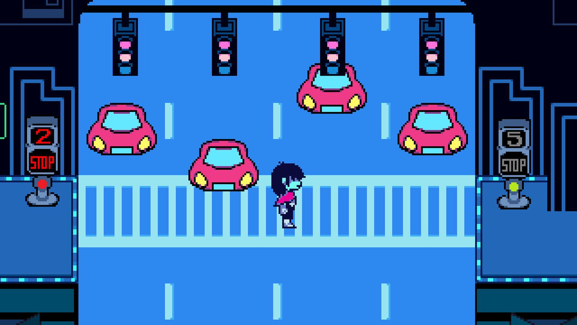 A video game still showing a figure in a crosswalk with animated cars behind it and streetlights above. 