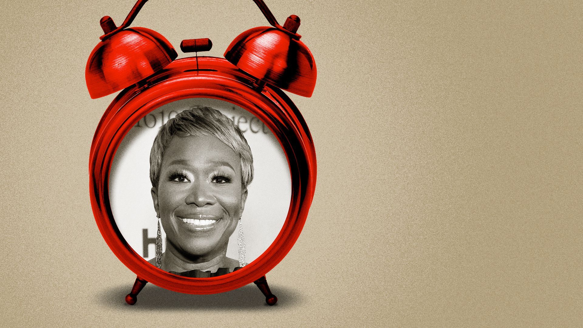 Photo illustration of a portrait of Joy Reid in the center of an alarm clock. 