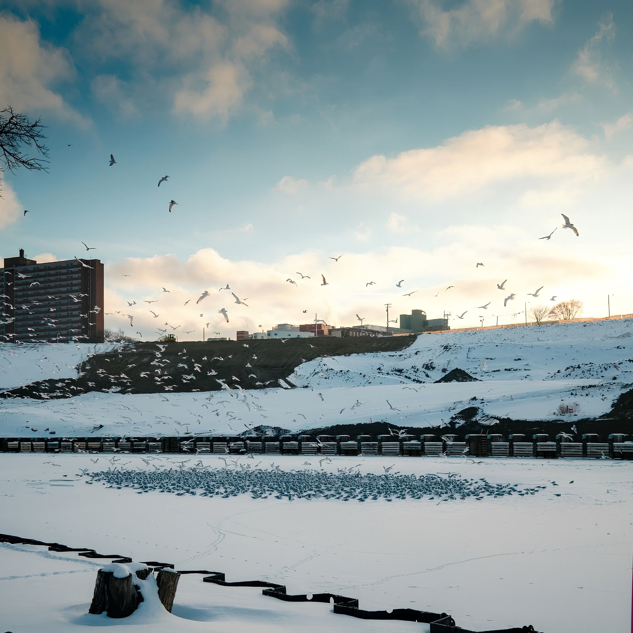 Snow-covered urban landscape with a large flock of birds flying and gathering on a frozen river, buildings in the background, under a partly cloudy blue sky at sunset.