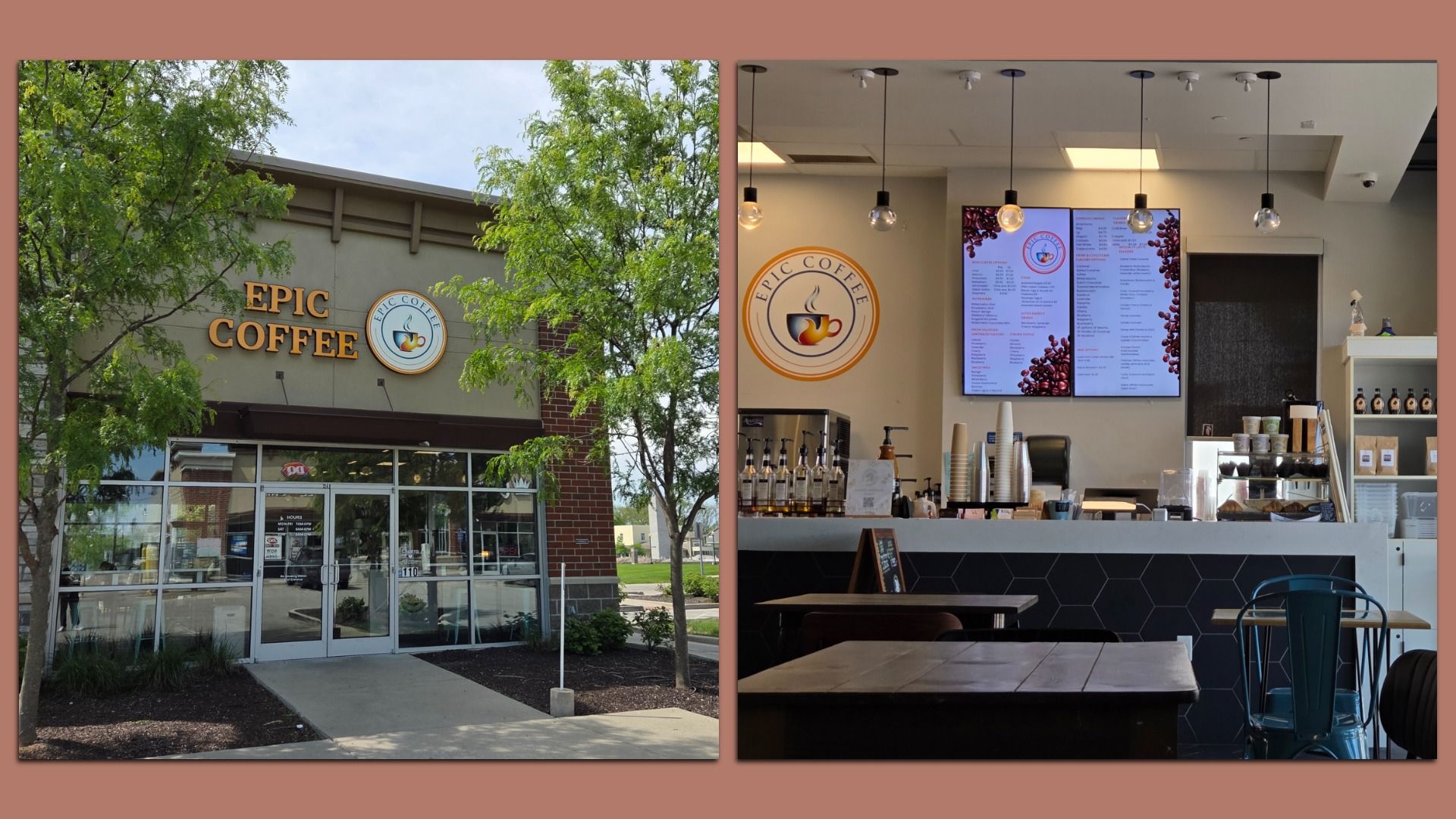 Two-panel image: left shows Epic Coffee storefront with tan facade, orange "EPIC COFFEE" sign and round logo. Right shows cafe interior with menu boards, counter, cups, and seating under pendant lights.