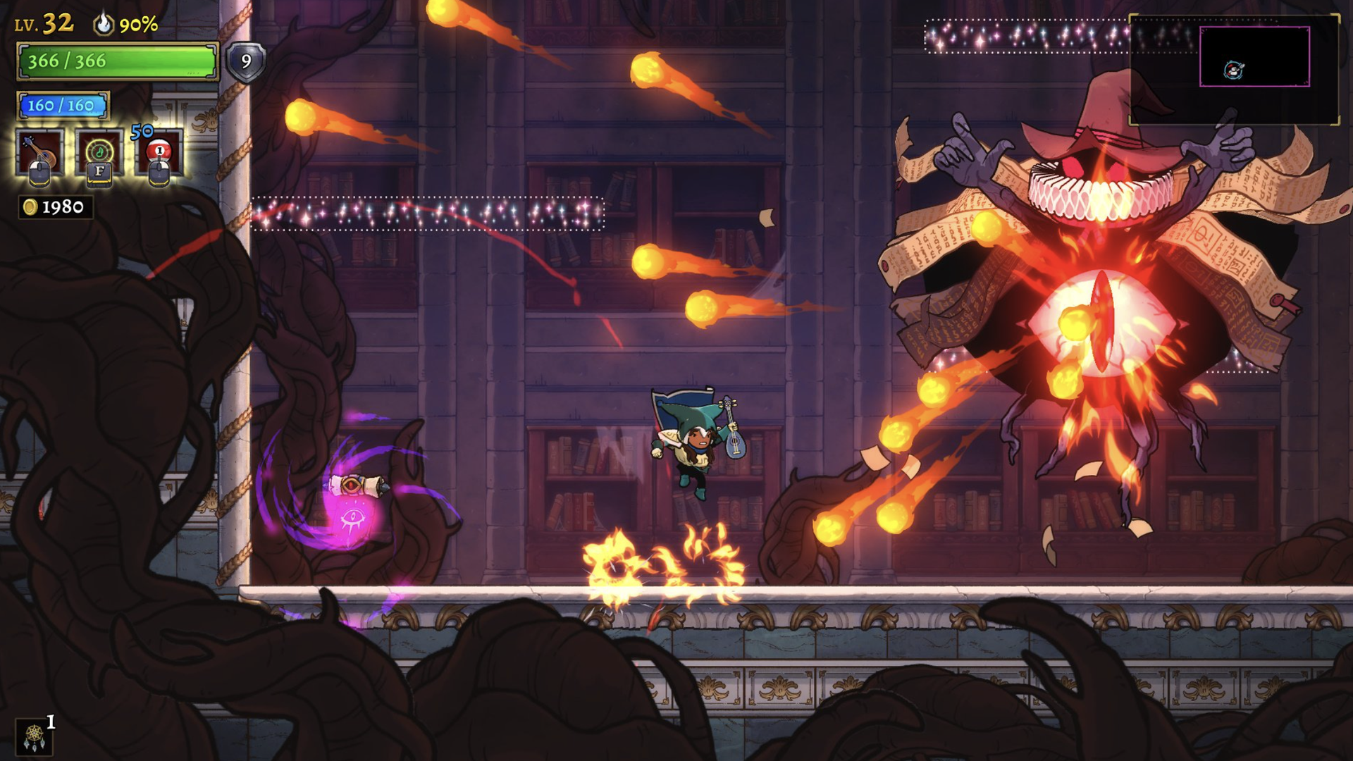 Video game screenshot of a knight running amid an array of fireballs