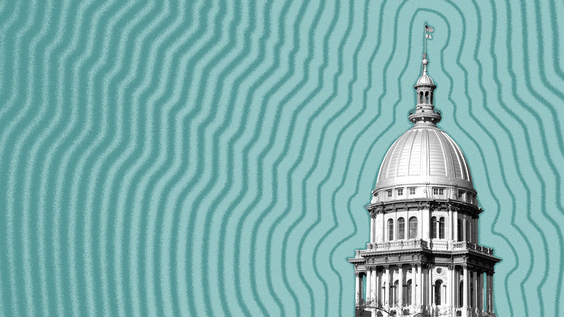 Illustration of the Illinois State Capitol building with lines radiating from it.