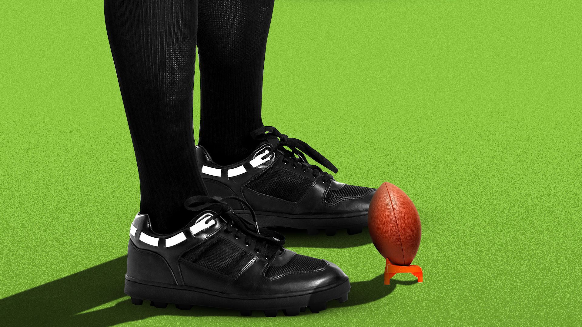 Illustration of a football player's cleats about to kick a tiny football on a tee. 