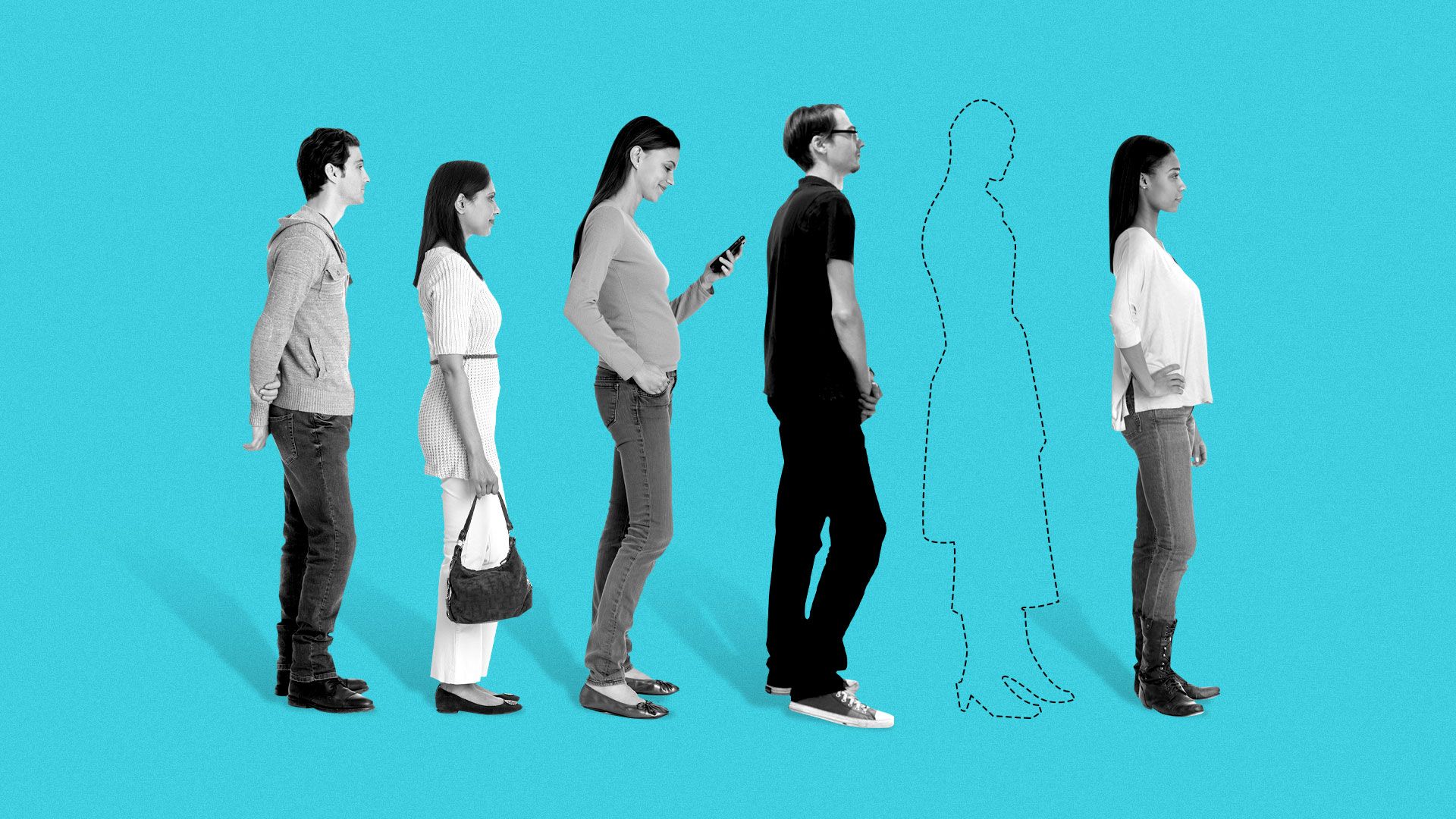Illustration of people standing in a line with one person as a silhouette.