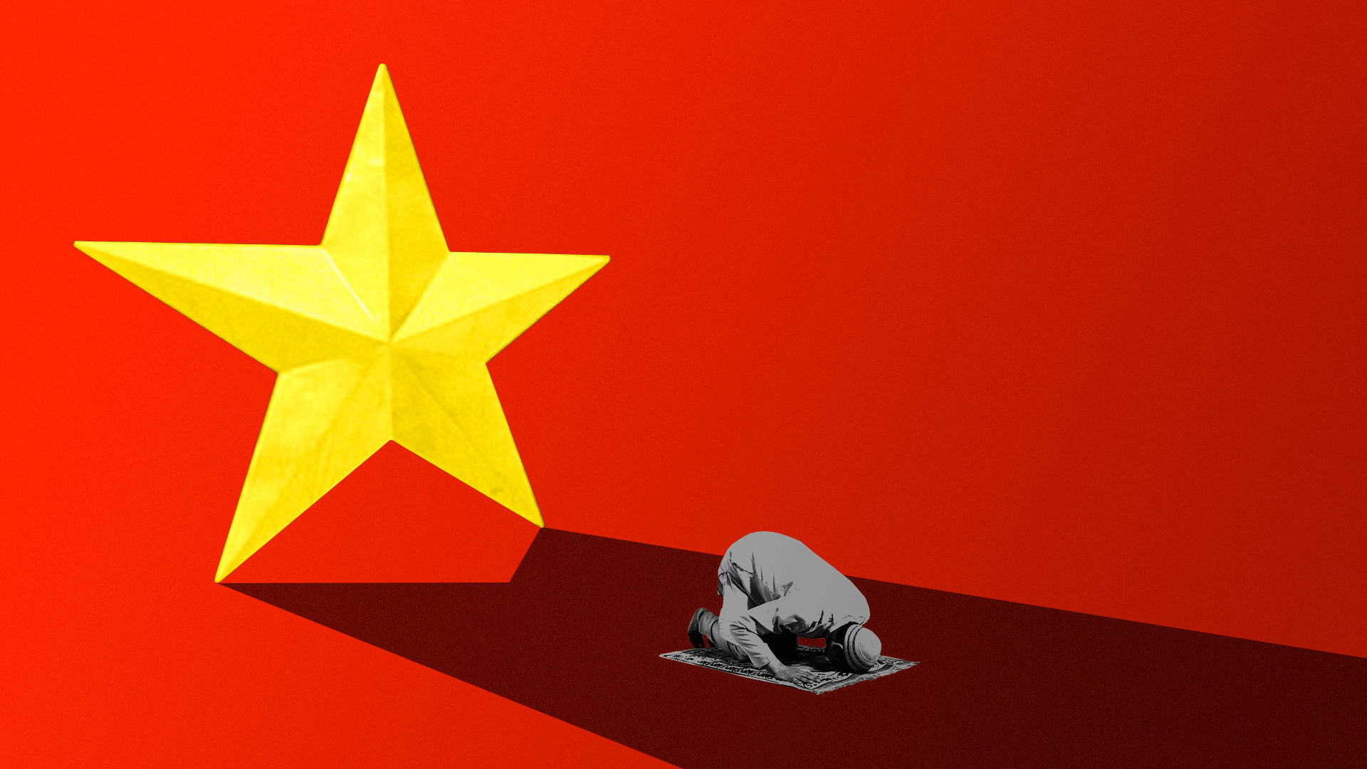 In this illustration, a Muslim man bows to pray while the Chinese flag stands behind him.