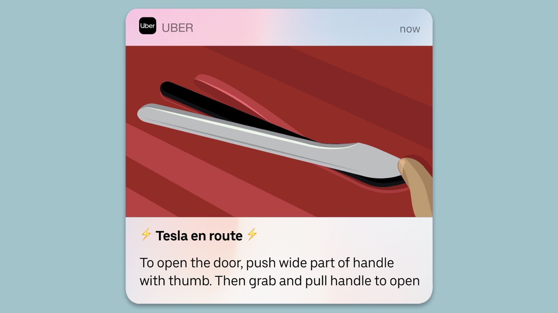 Image of an Uber notification explaining to riders how to open the door of a Tesla