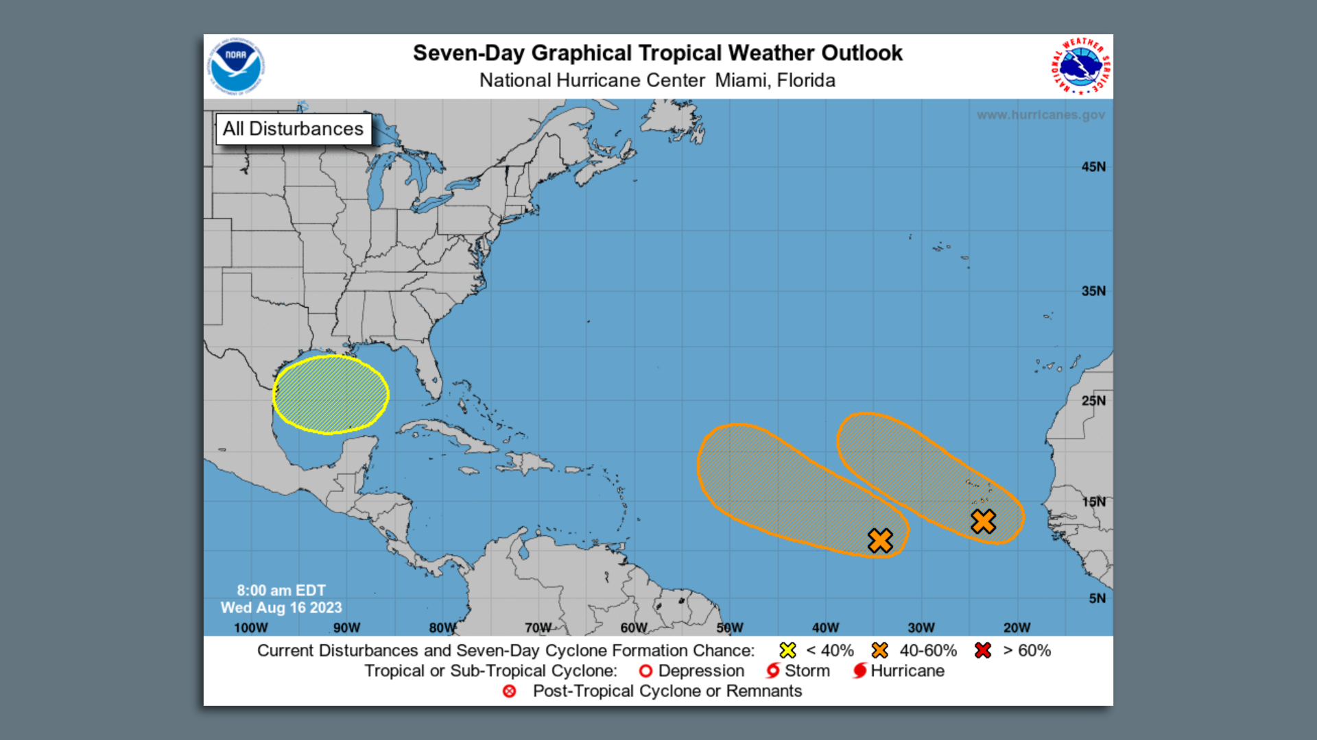 Image shows a map of the tropics with three shaded areas in the Gulf of Mexico and Atlantic
