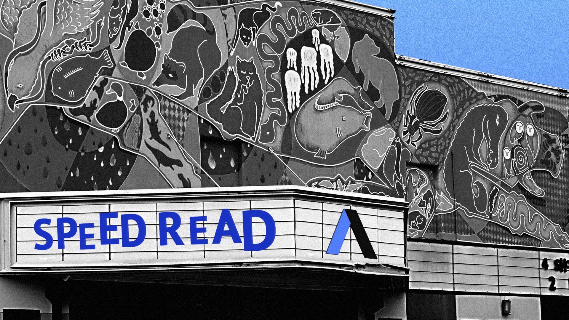 Illustration of "Speed Read" and the Axios logo on the Neighborhood Theatre marquee.