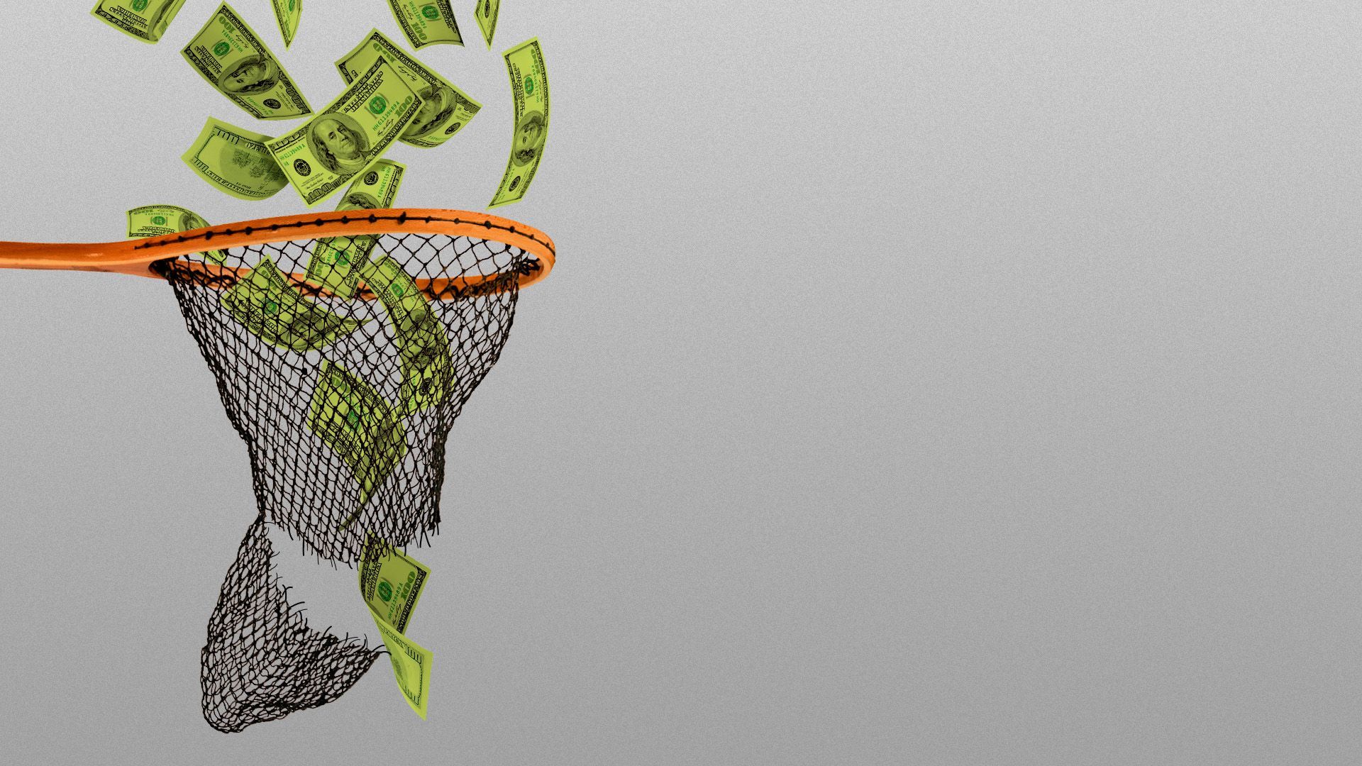 Illustration of hundred dollar bills falling through a broken net