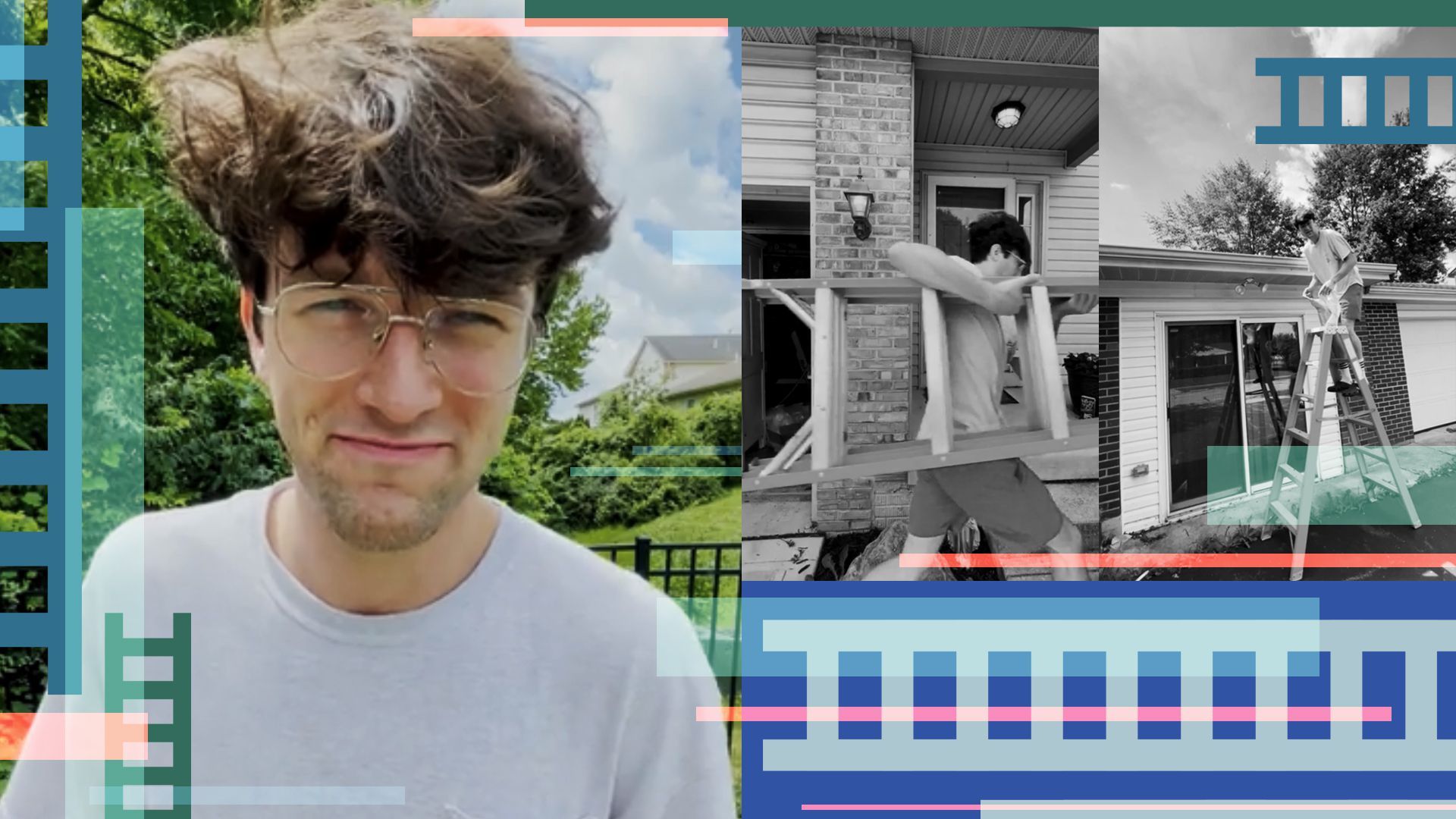 Photo illustration collage of Jarrod Young surrounded by abstract shapes and photos of him holding a ladder. 