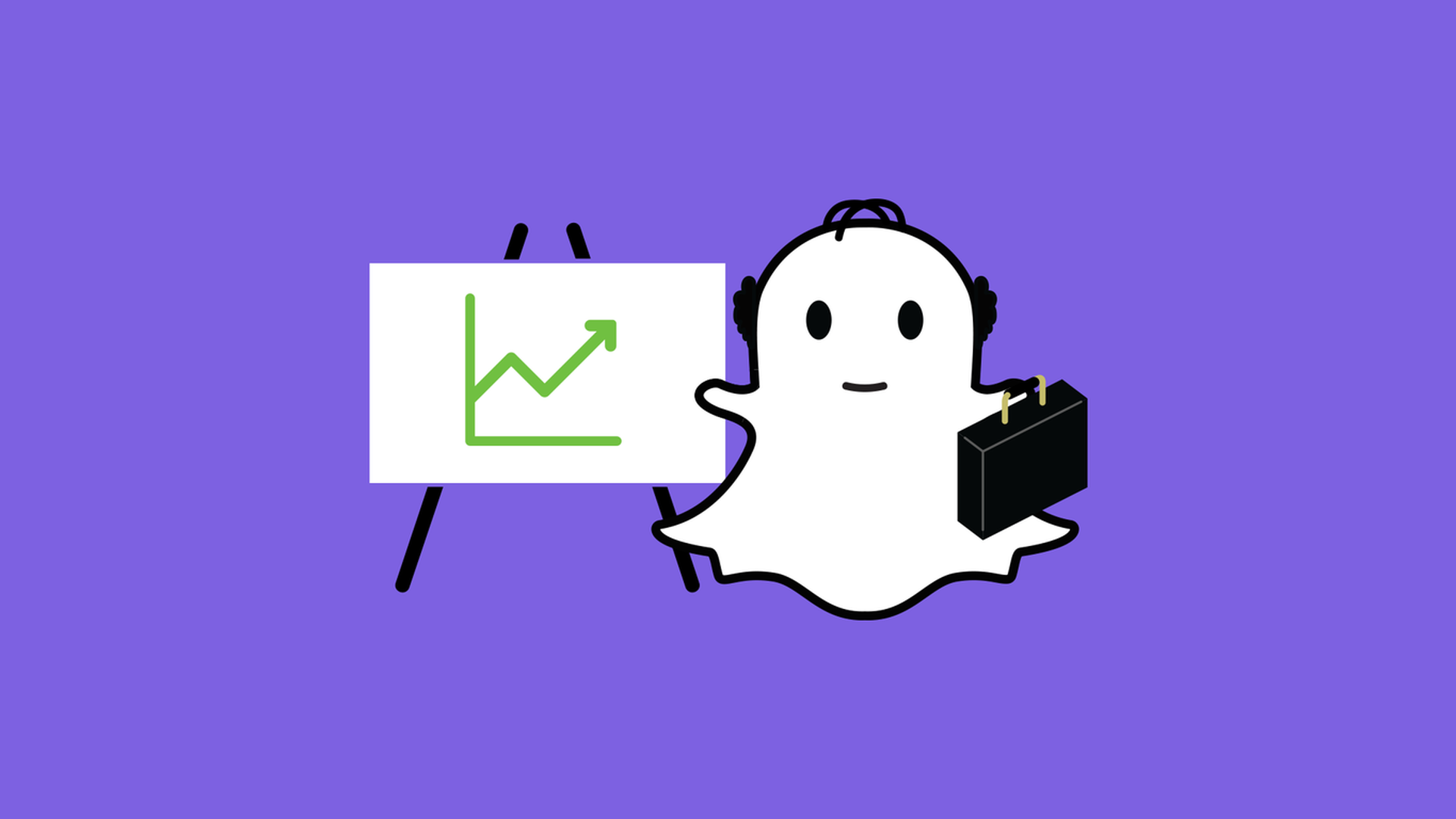 An illustration of the Snapchat ghost mascot next to a stock chart going up in green