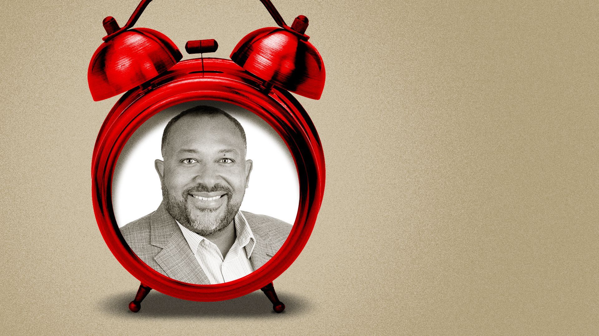 Photo illustration collage of Bryant L. Francis inside a red alarm clock.