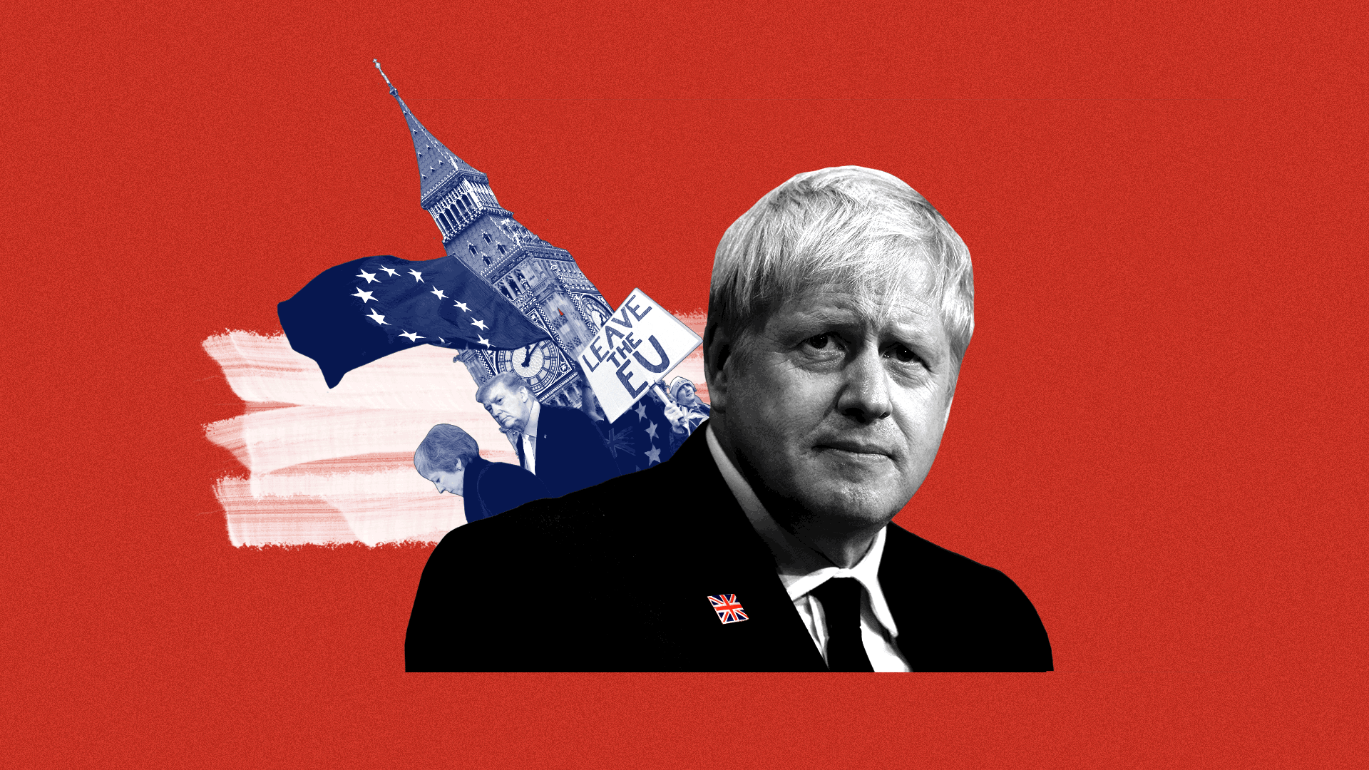 Illustrated collage of Boris Johnson. Various elements surround him, including Theresa May, Donald Trump, Brexit protestors and Big Ben.