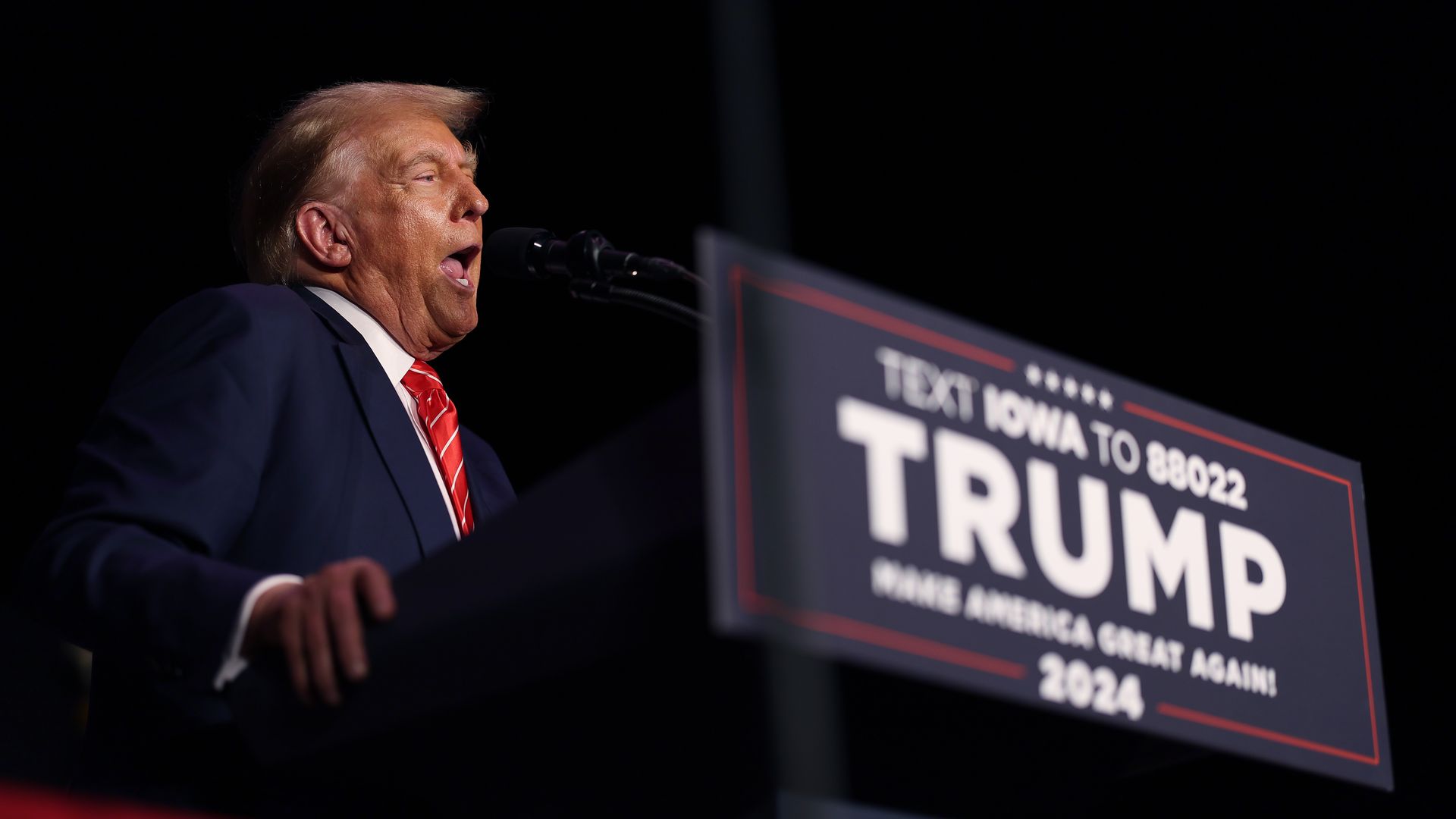  Republican presidential candidate former U.S. President Donald Trump hosts a campaign event at the Orpheum Theater on October 29, 2023 in Sioux City, Iowa