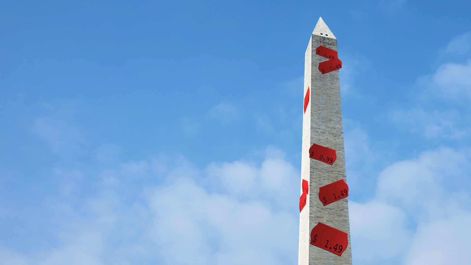 Illustration of the Washington monument ccovered in red sale stickers.