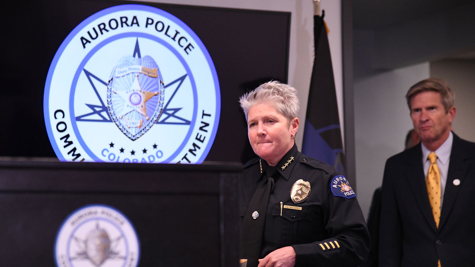 Aurora Police Chief Vanessa Wilson, left, and City Manager Jim Twombly are in the press conference at Aurora Police Department Headquarters in Aurora, Colorado on Tuesday, July 27