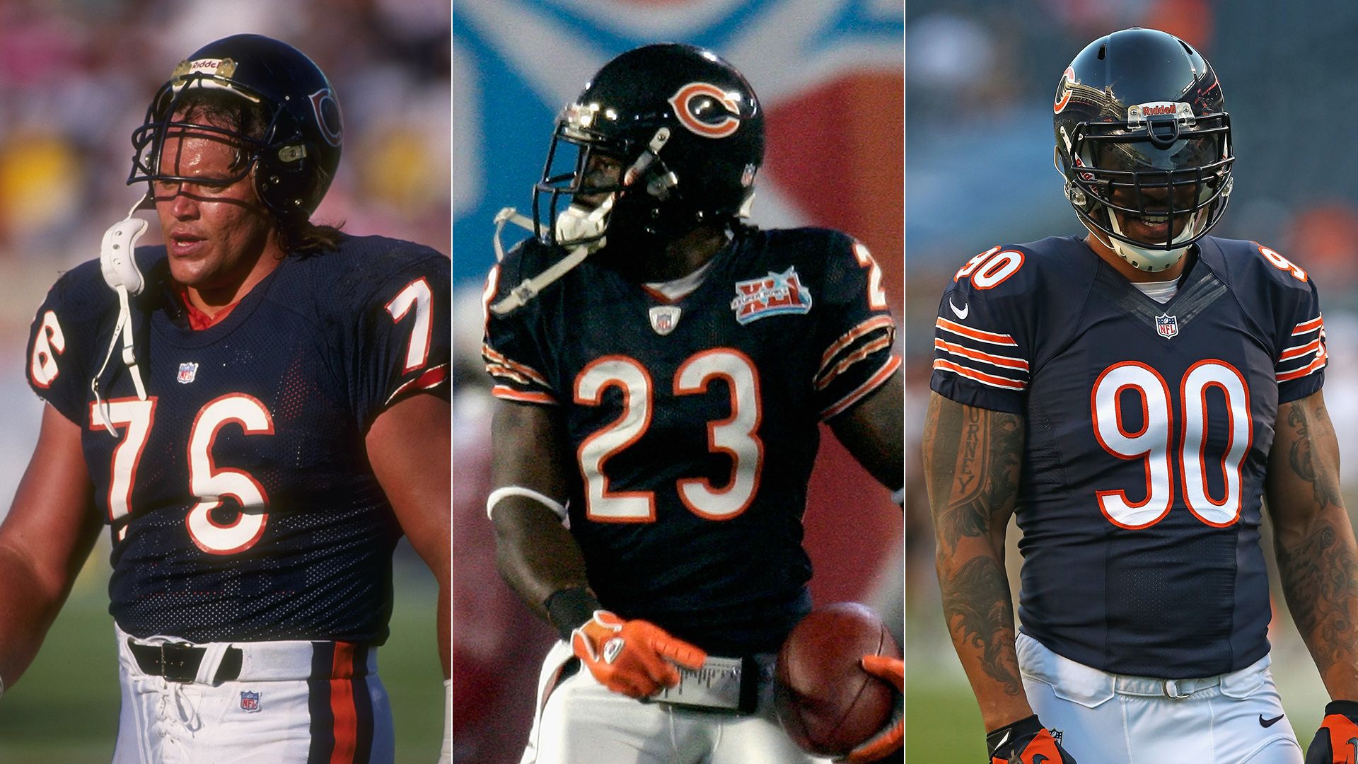 Three side-by-side photos of Bears players Steve McMichael (L), Devin Hester and Julius Peppers in uniform.