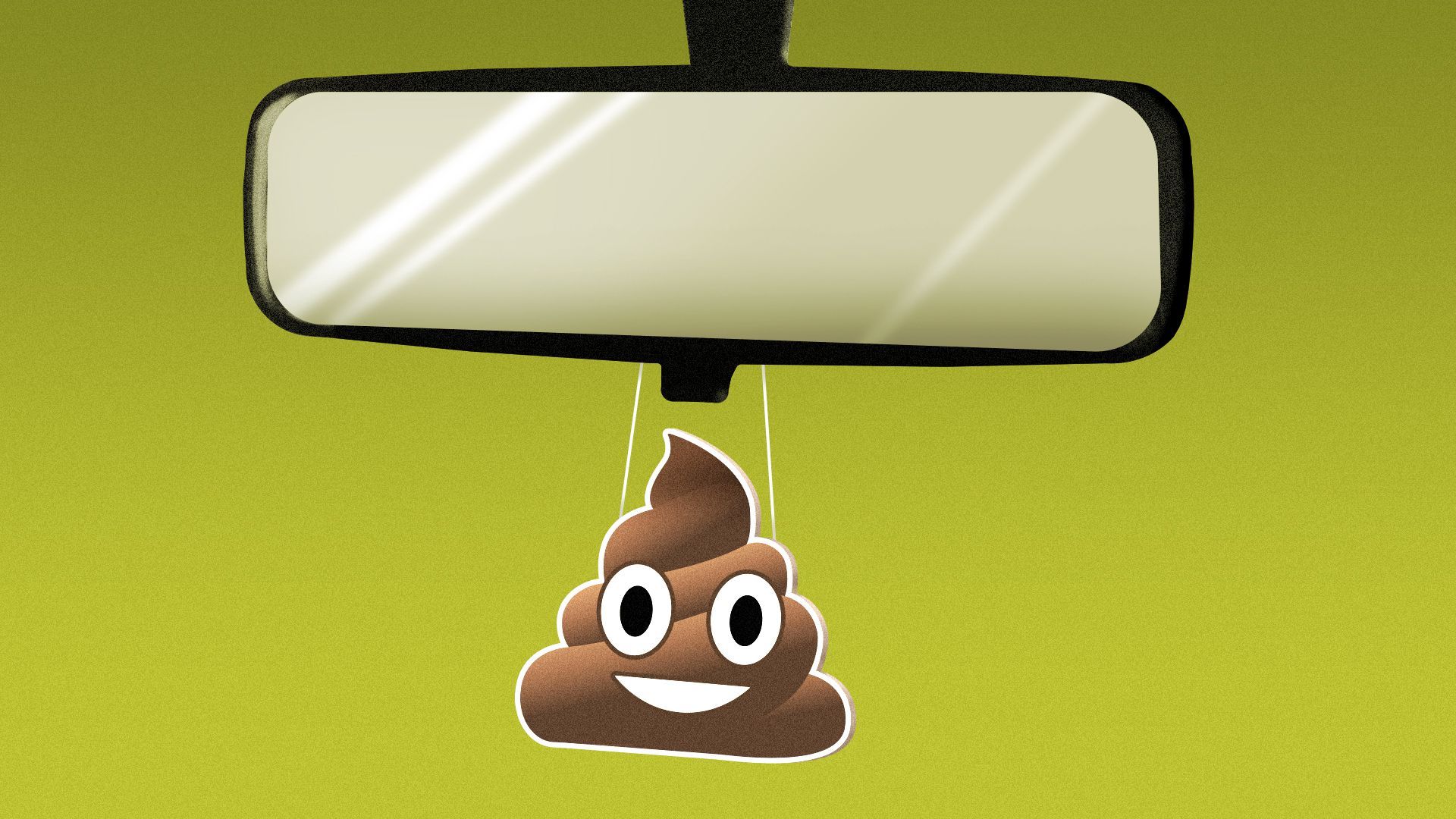 Illustration of a poop emoji air freshener hanging from a rearview mirror.