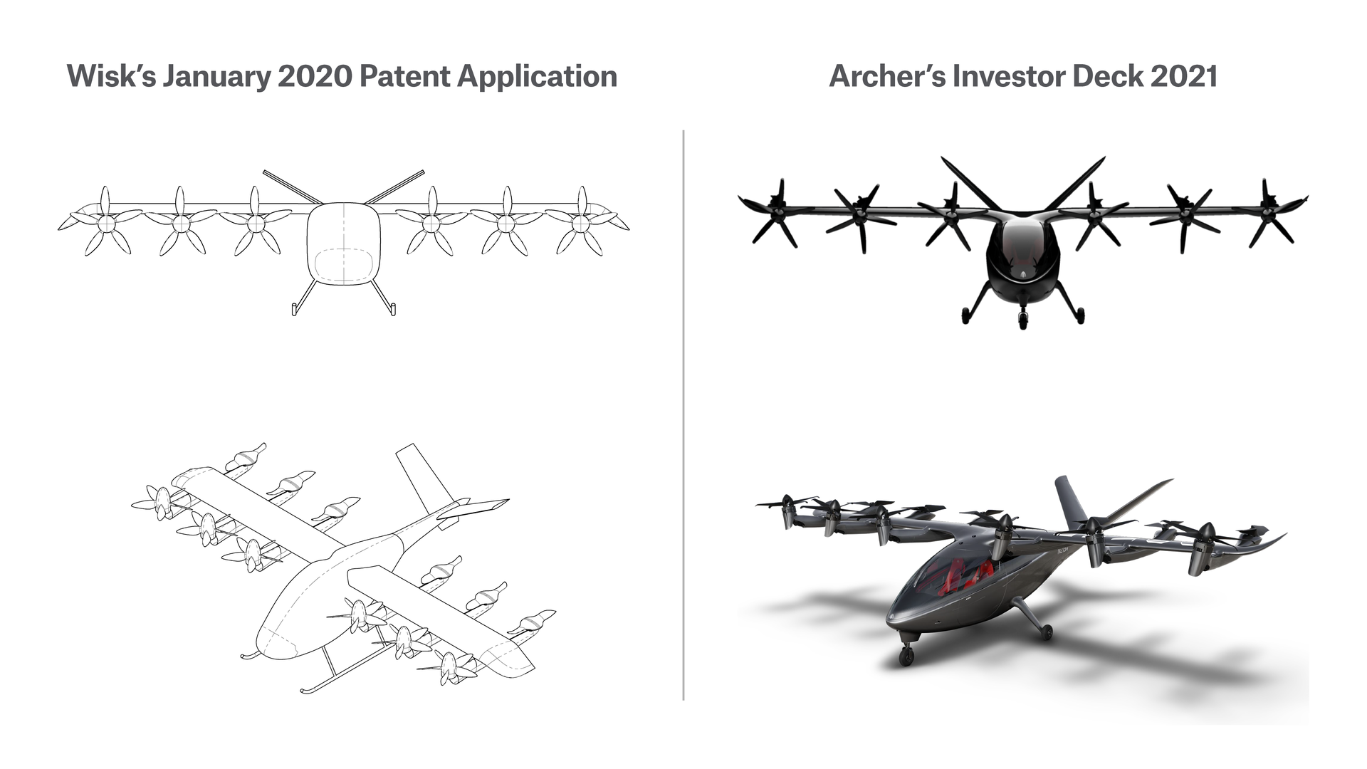 side-by-side image of the drawing in Wisk's 2020 patent application and Archer's plane in a 2021 investor presentation.