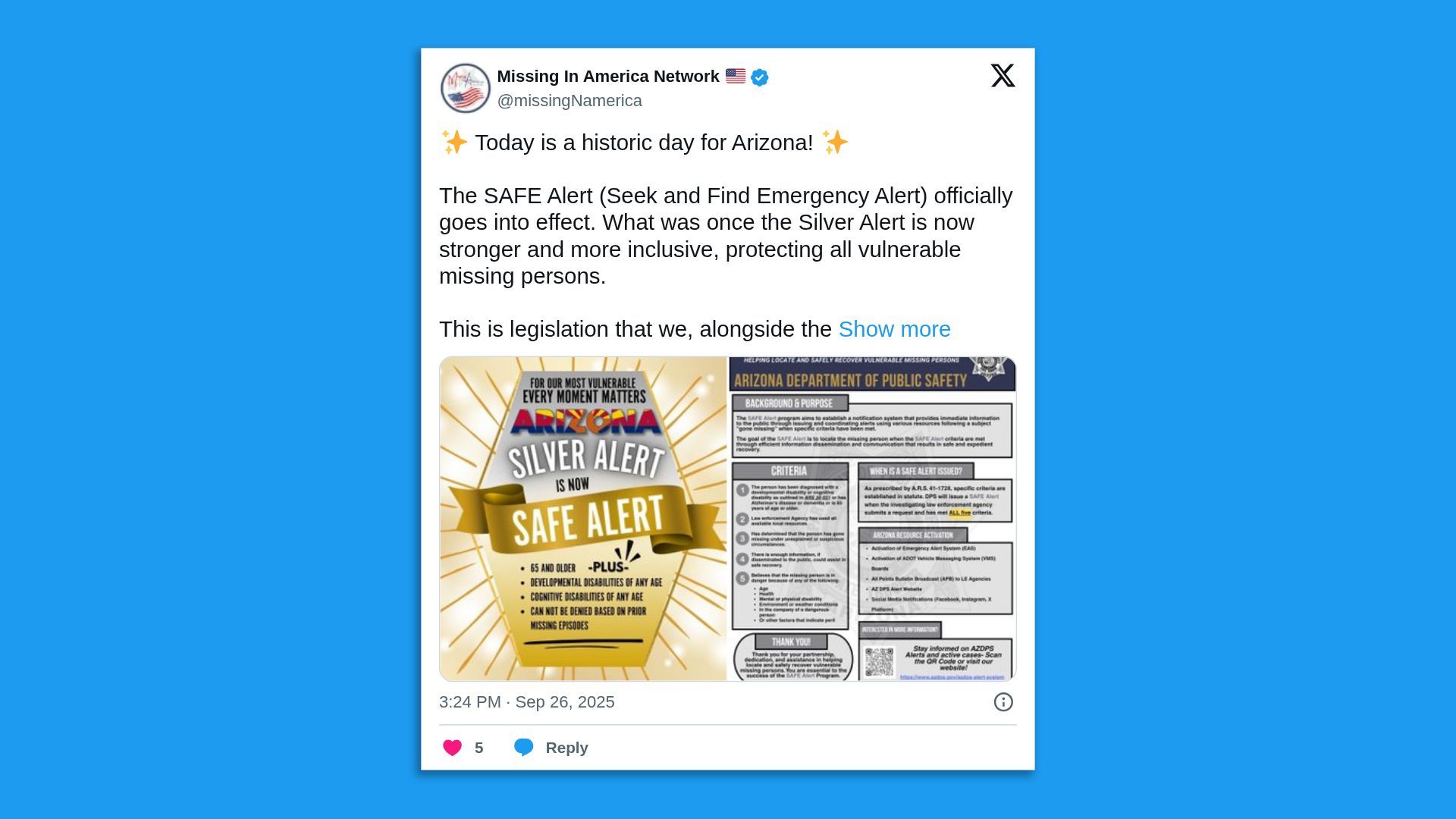 Tweet announcing Arizona's new SAFE Alert replaces Silver Alert, protecting all vulnerable missing persons, with detailed criteria and public safety information in the attached graphic.