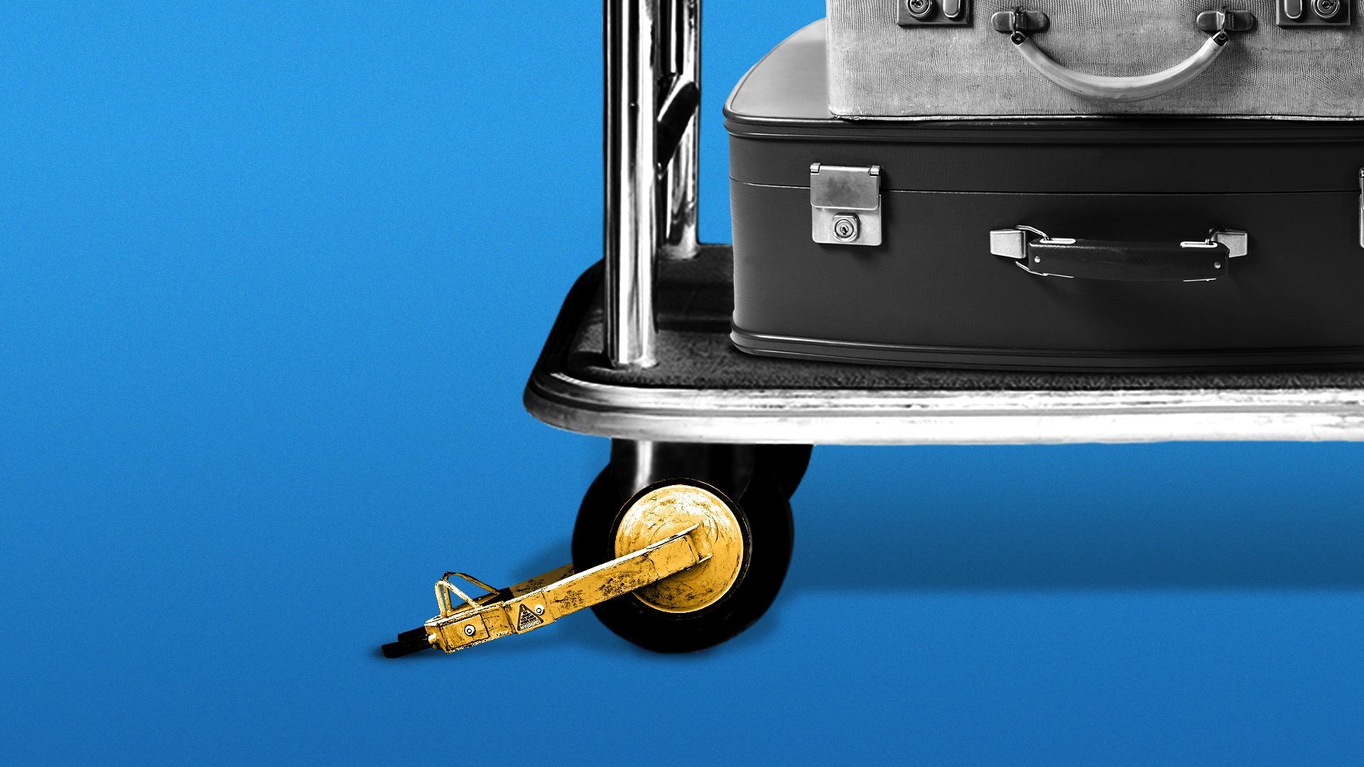 Illustration of a luggage cart with a car boot on the wheel.