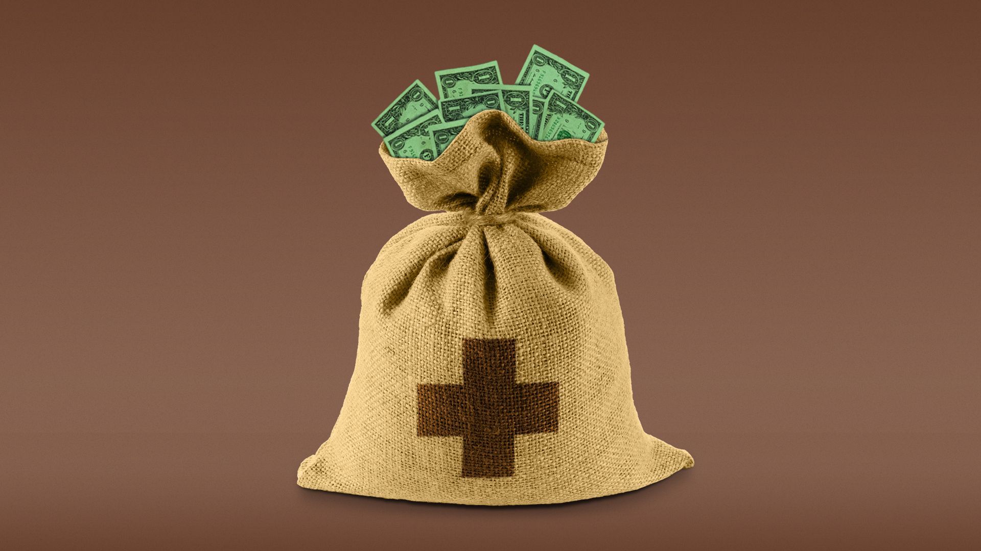 bag of money with a medical cross on it. 