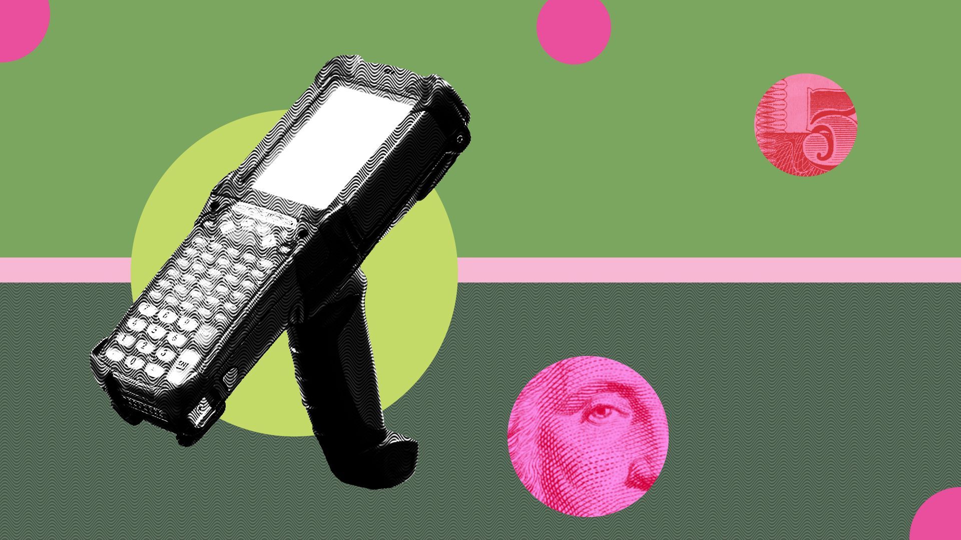 Illustration of a warehouse scanner with abstract shapes and pieces of money.