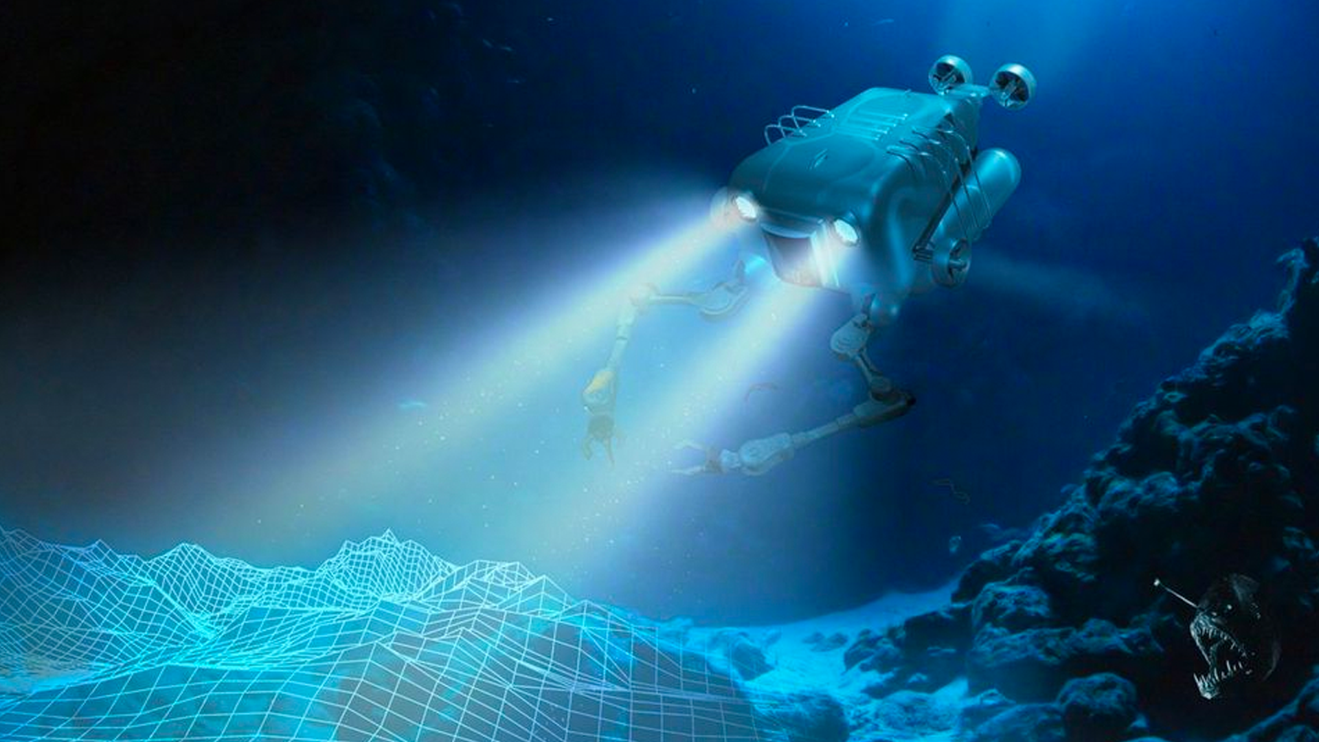 Artist rendering of an underwater AV with robotic arms, courtesy DARPA