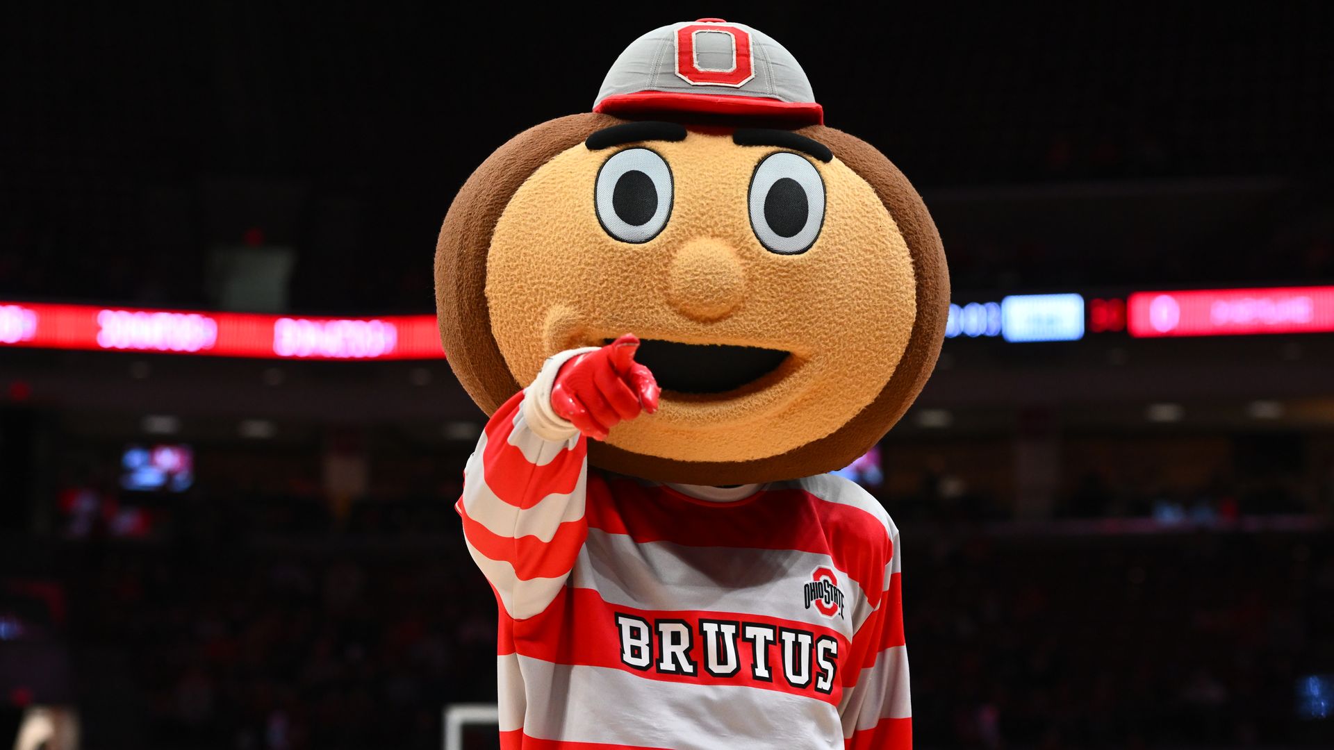 Brutus Buckeye points toward the camera
