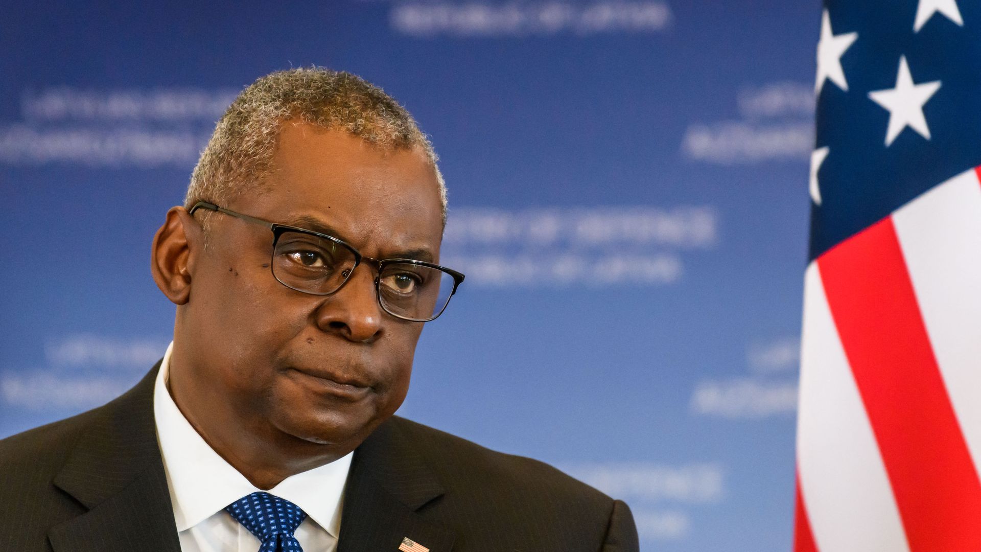 Secretary of Defense Lloyd Austin speaking at a press conference in Riga, Latvia, on Aug. 10.