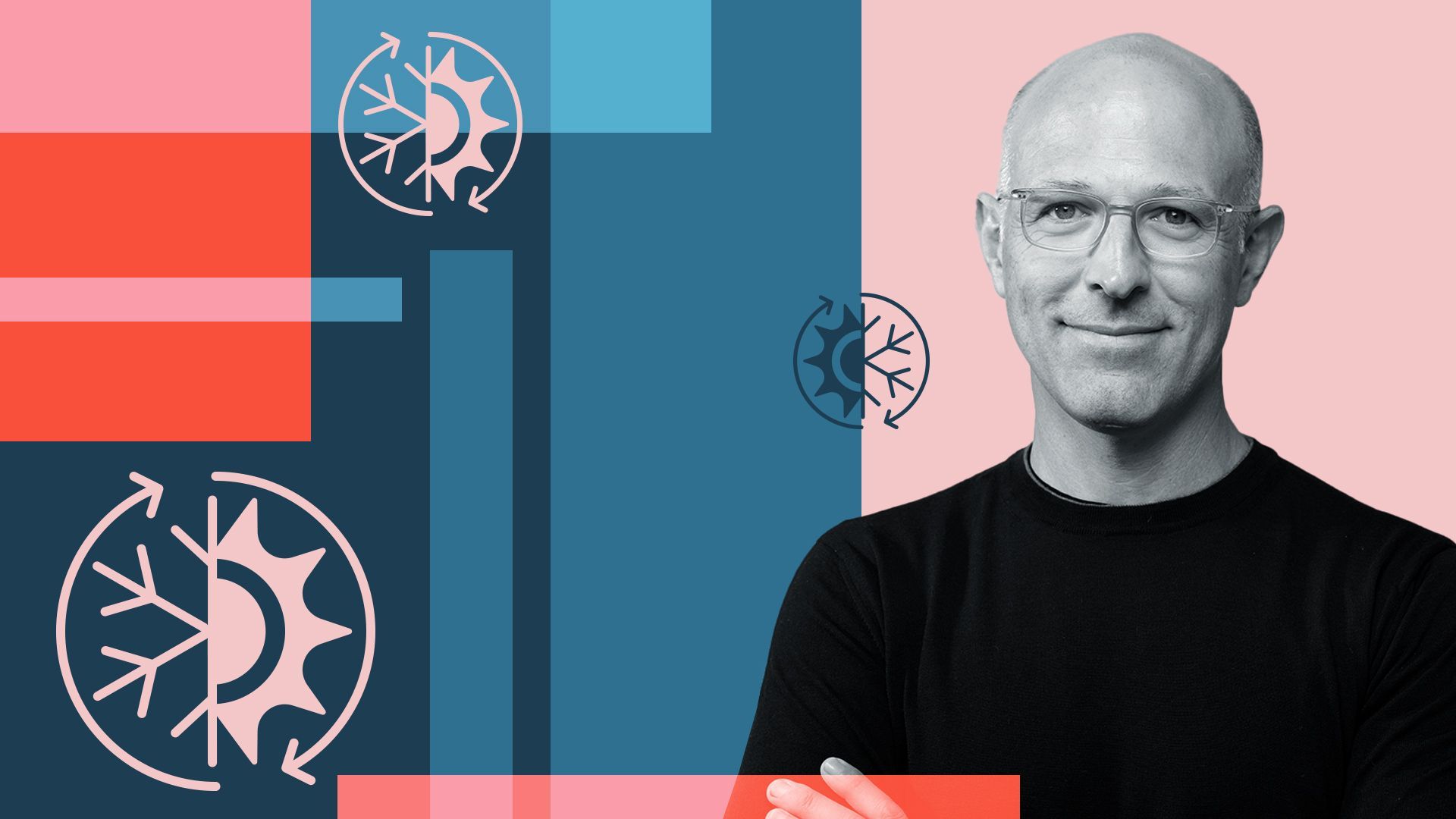 Photo illustration of CEO of Dandelion Energy Dan Yates surrounded by abstract shapes and temperature icons.