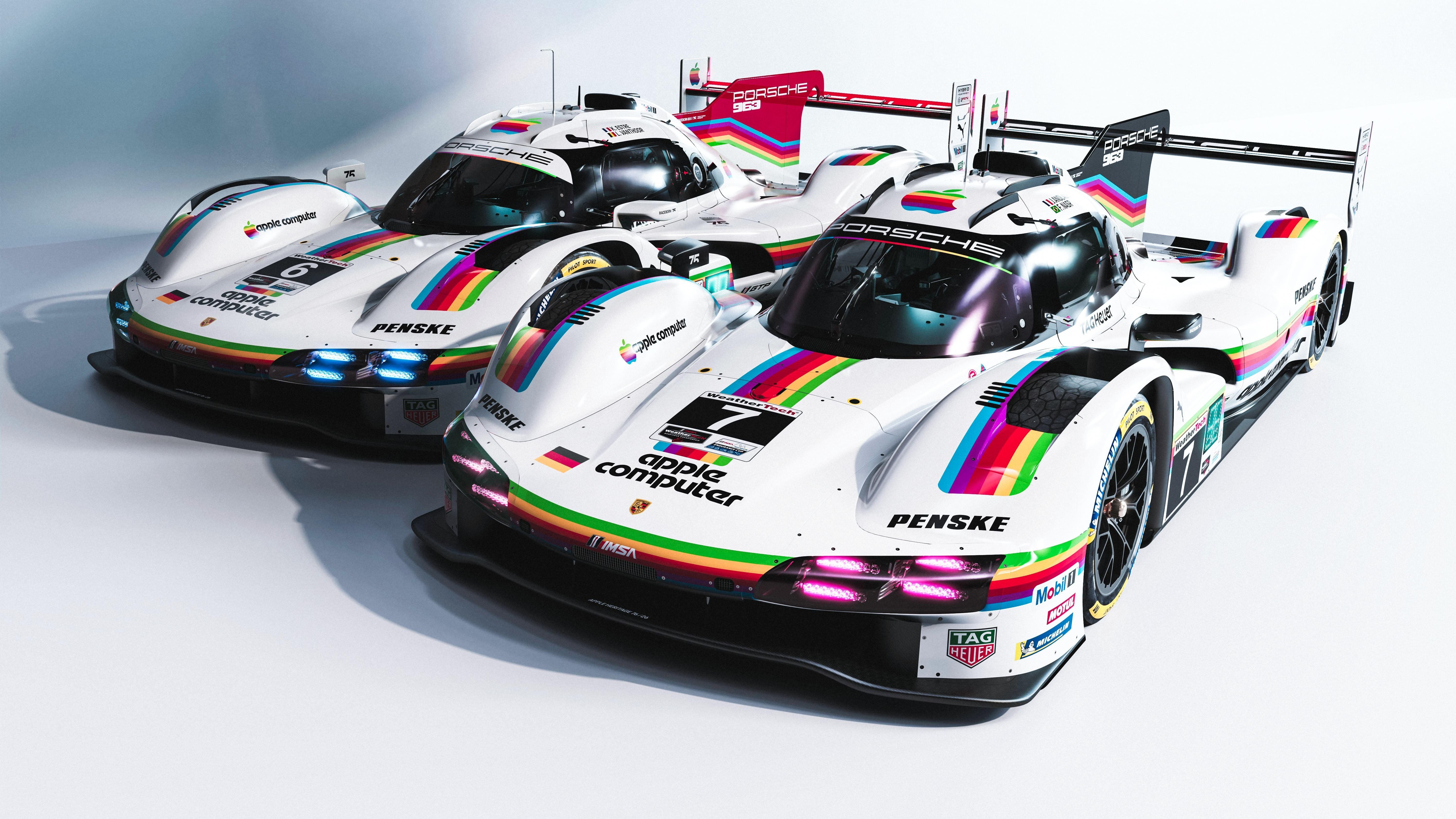 Two Porsche 963 racecars featuring classic Apple Computers liveries.
