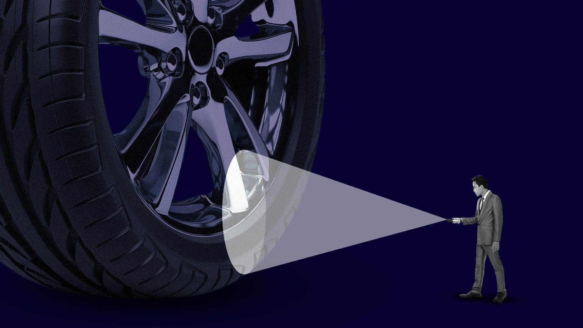 Illustration of a tiny man looking at a huge tire with a flashlight