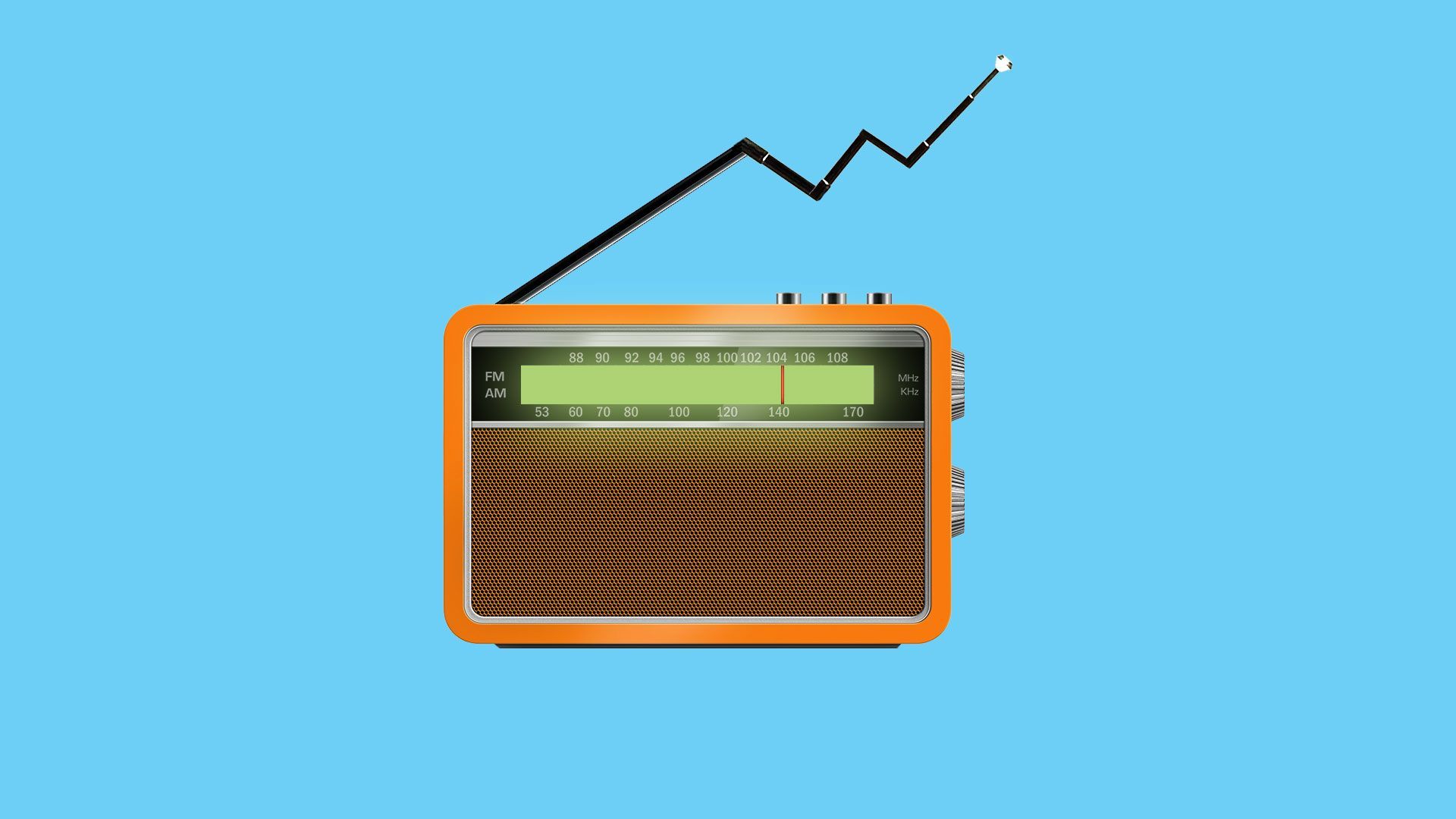 Illustration of a radio with its antenna in the formation of an upward trending market arrow.