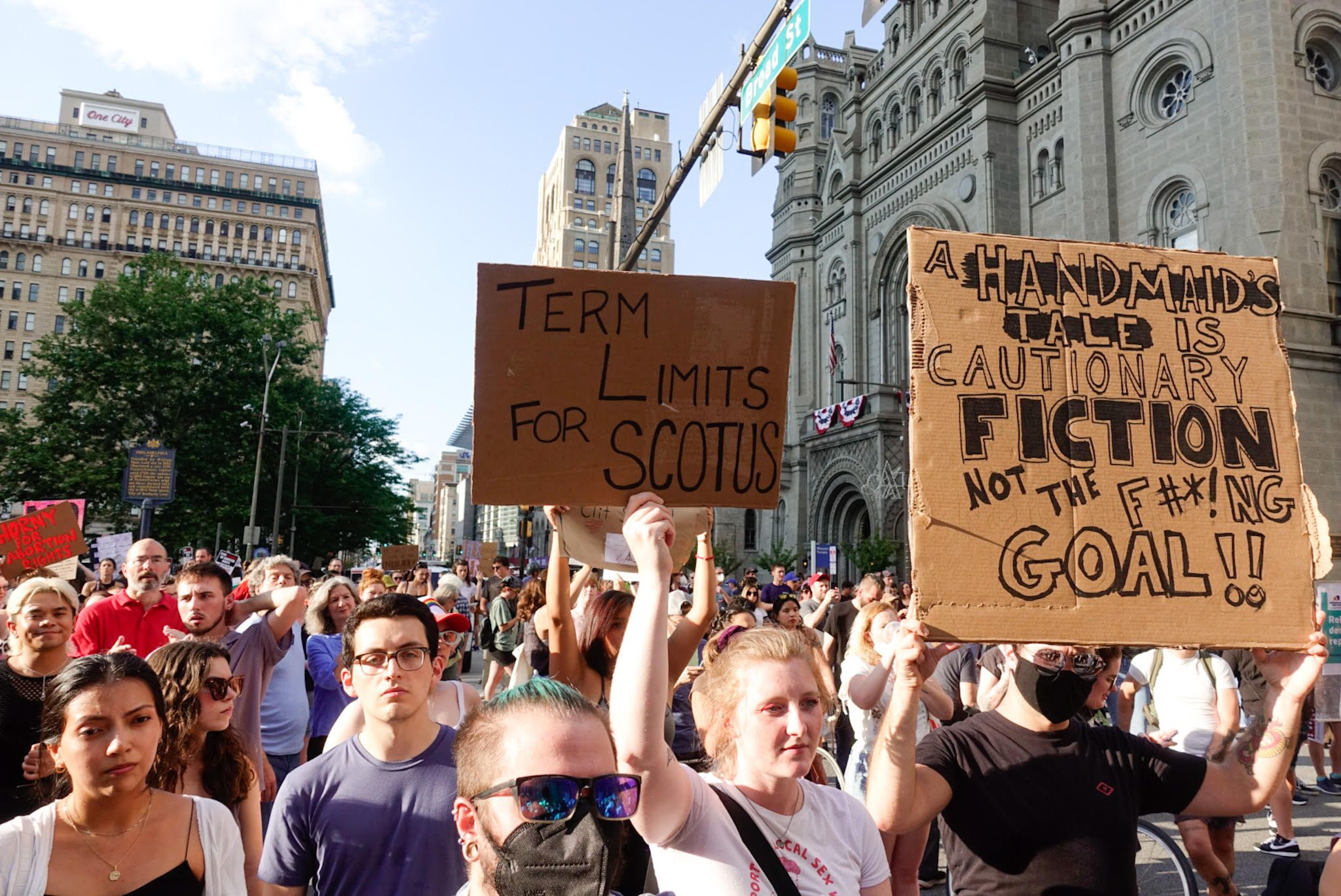 Protesters march through Philadelphia protesting the Supreme Court's overturning of Roe v. Wade.