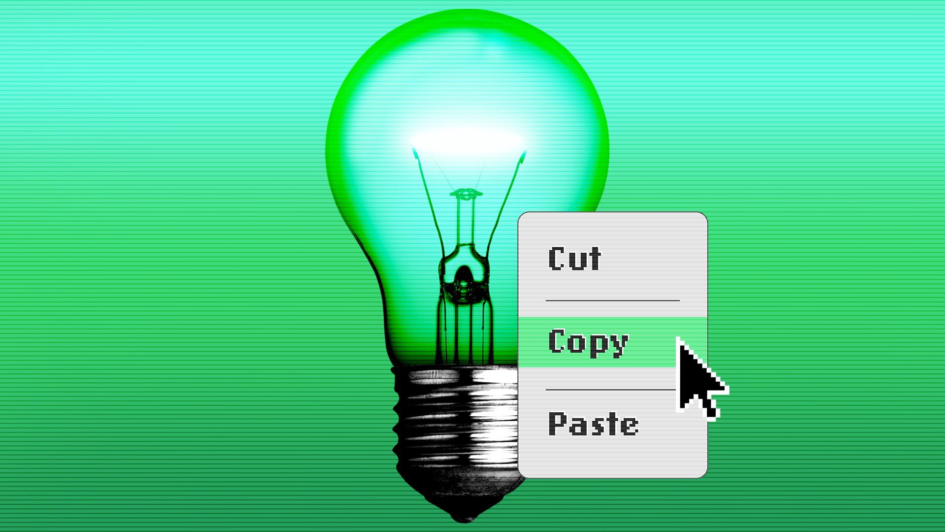 Illustration of a computer dialogue box with "copy" highlighted by a cursor over an image of a lightbulb