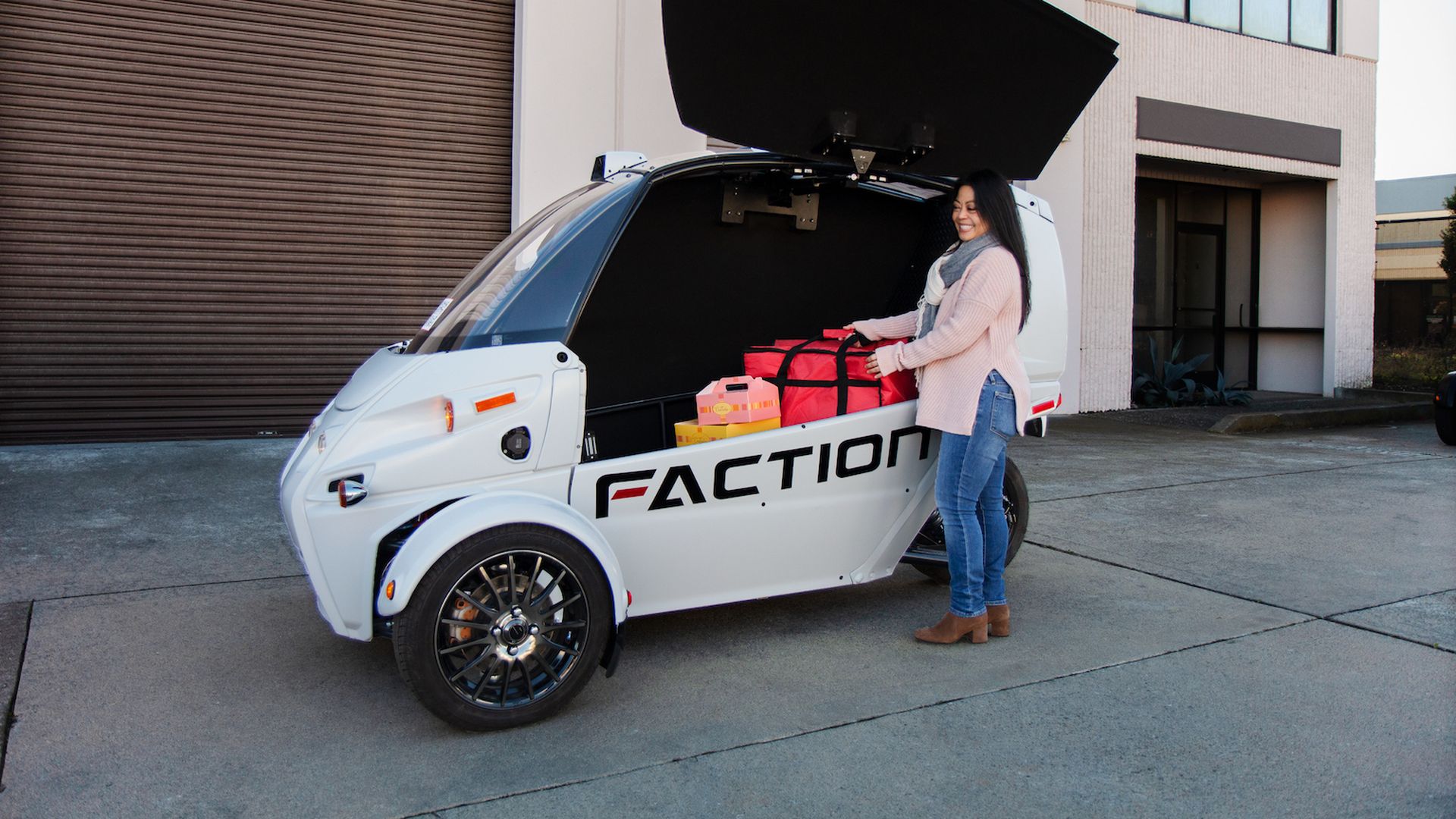 An electric driverless lightweight vehicle from startup Faction.