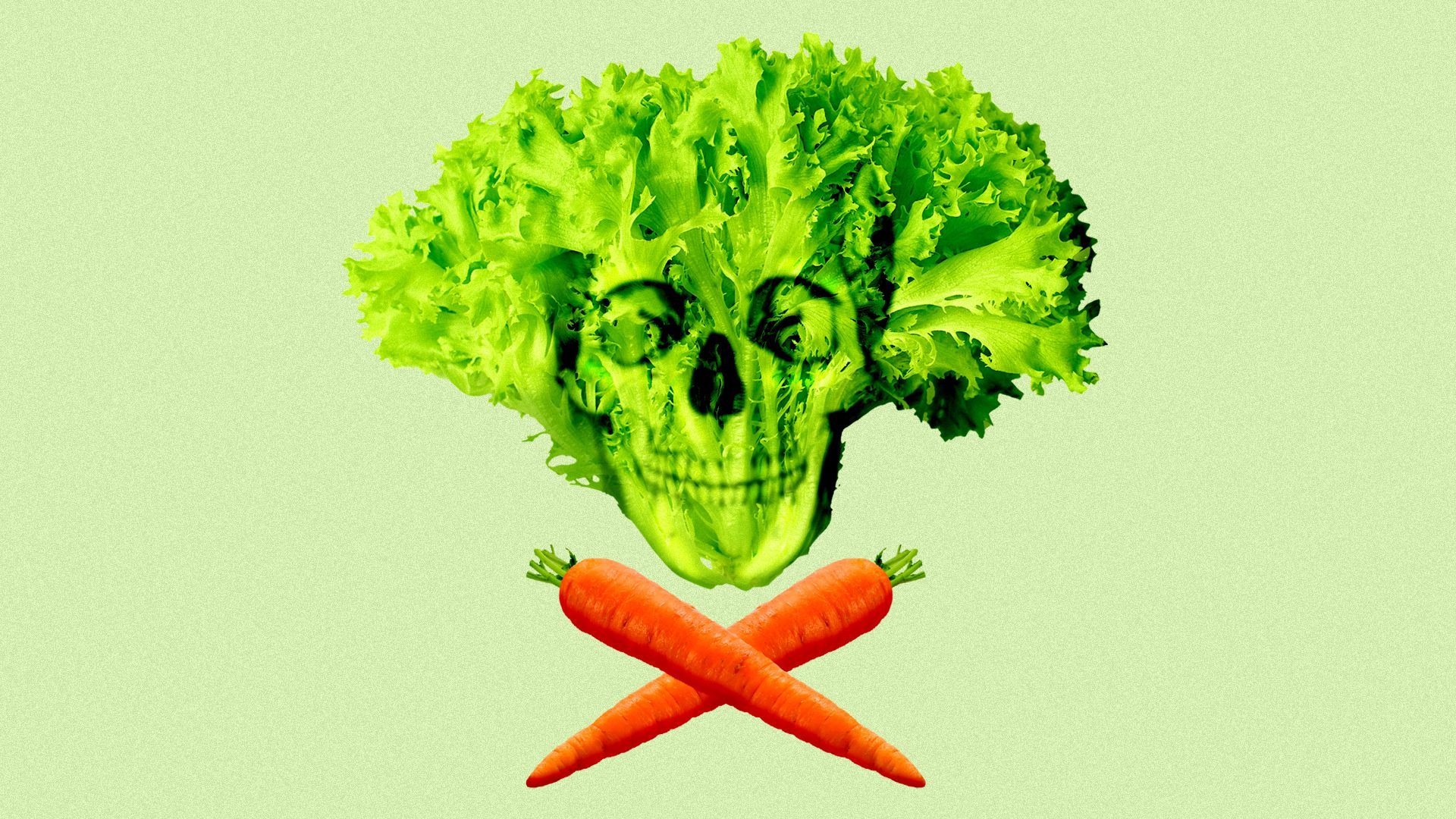 Illustration of a head of lettuce and carrots as a skull and crossbones 