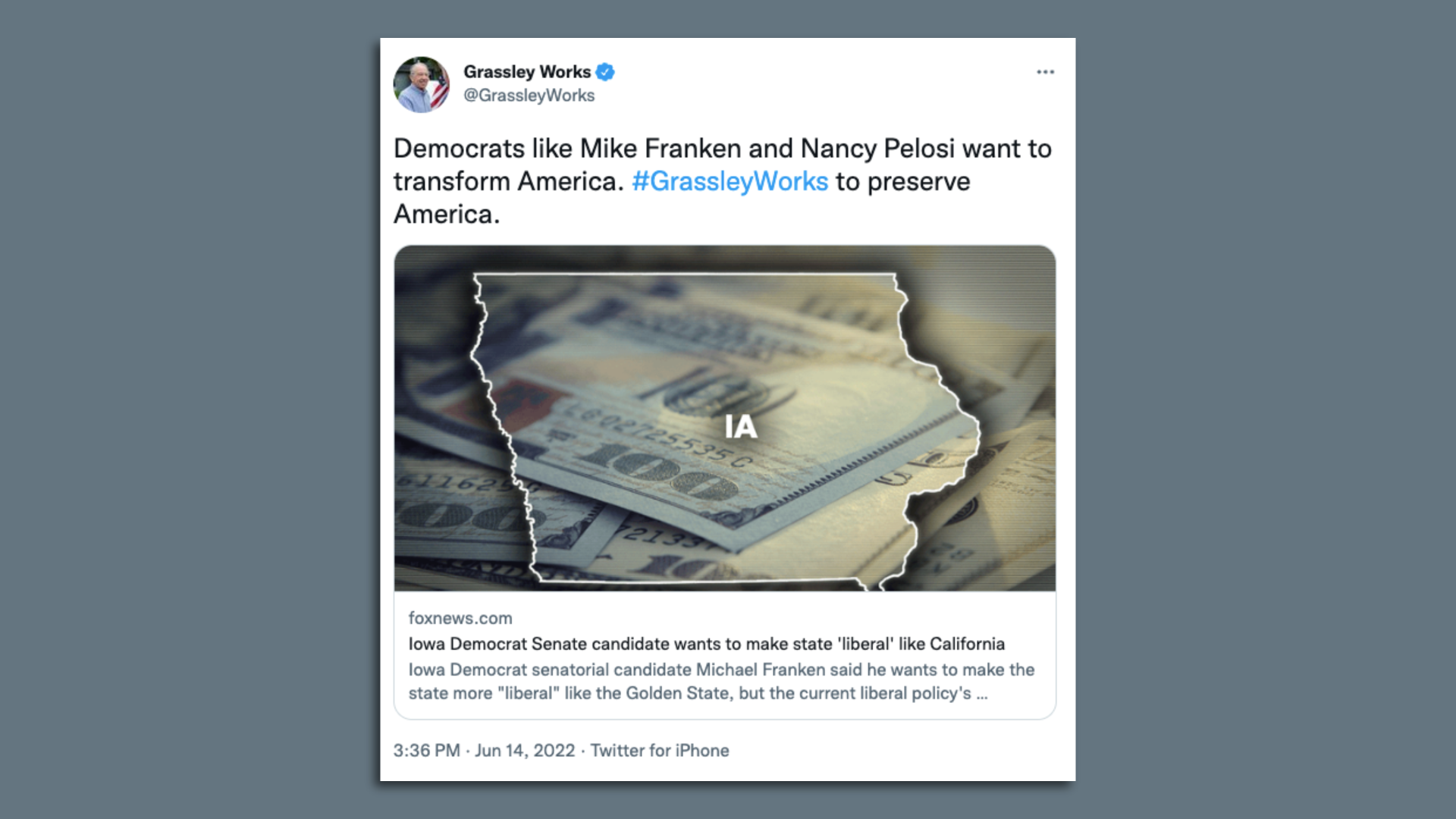 A screen grab of a tweet from Charles Grassley's campaign.