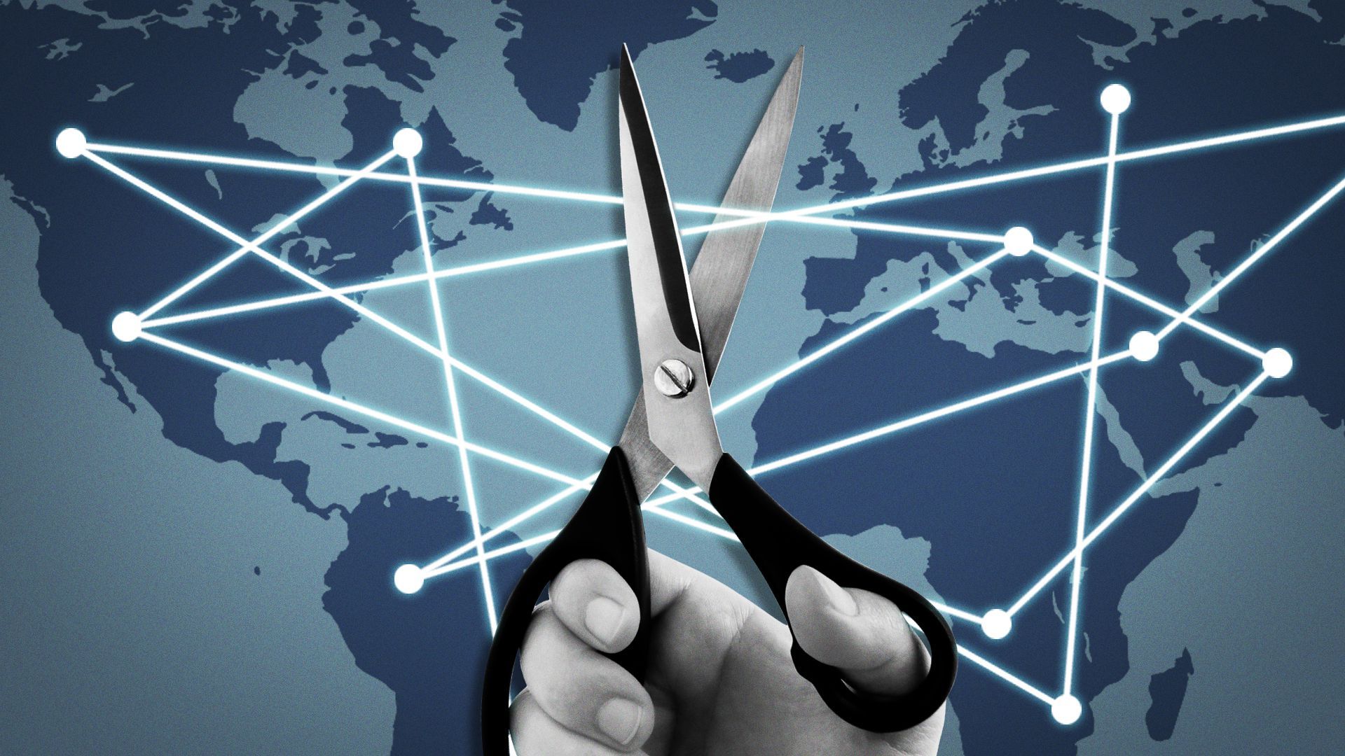 Illustration of scissors about to cut into flight paths on a map. 