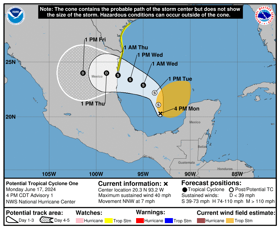Image shows the track for a tropical disturbance that's expected to strengthen into Tropical Storm Alberto.