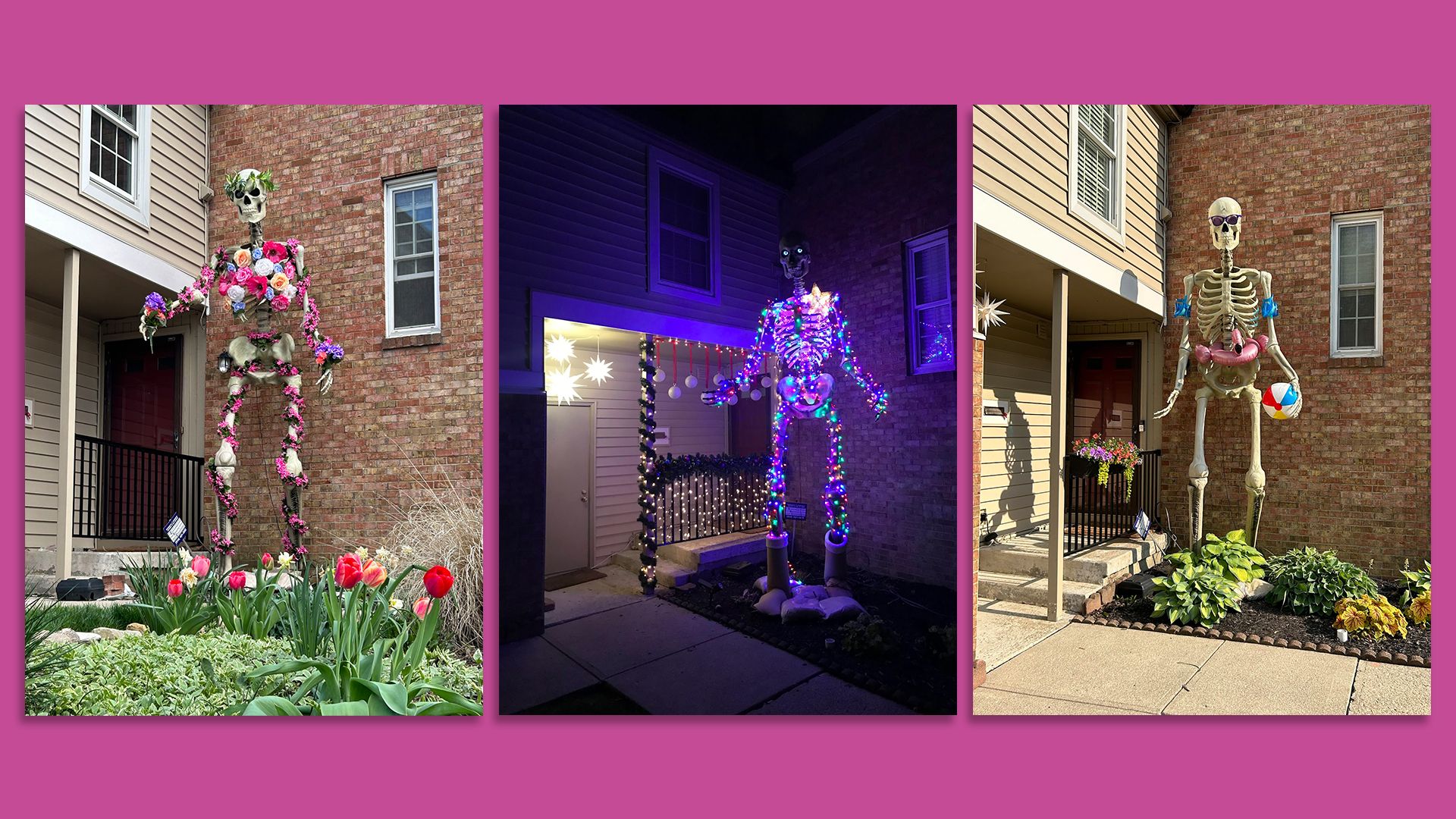 Three photos of a 12-foot skeleton dressed for different seasons — springtime flowers, winter lights and a summer swim