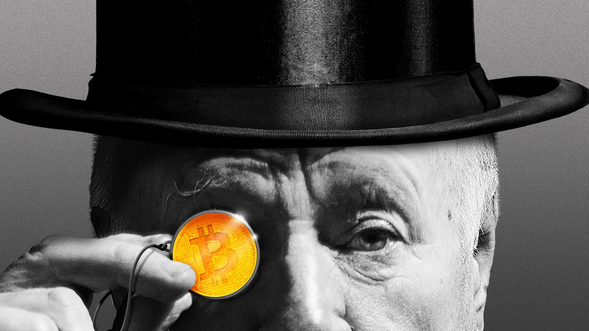 Illustration of an older gentleman in a tophat with a bitcoin for a monocle 