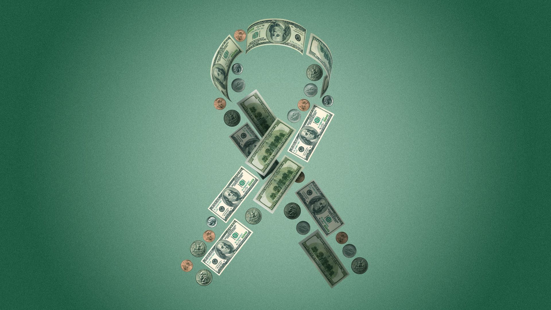Illustration of hundred dollar bills and coins arranged in the shape of a cancer ribbon.