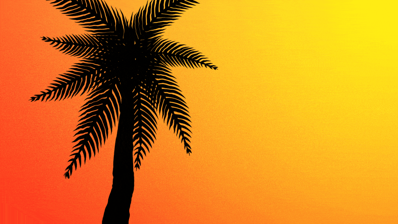 Animated illustration of a melting, silhouetted palm tree against a sunny sky with heat distortion.