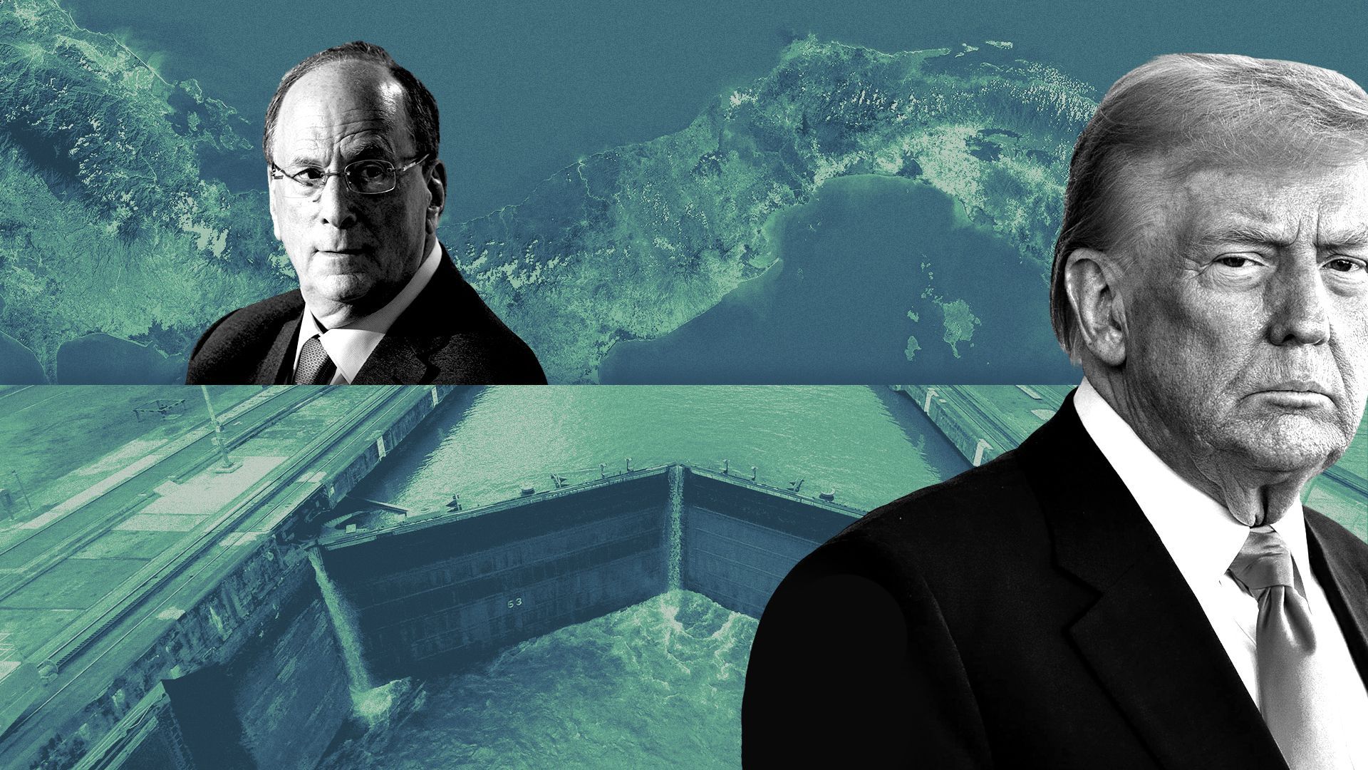 Photo illustration of a collage featuring Larry Fink, Donald Trump, an aerial map of the Panama Canal, and a canal lock.