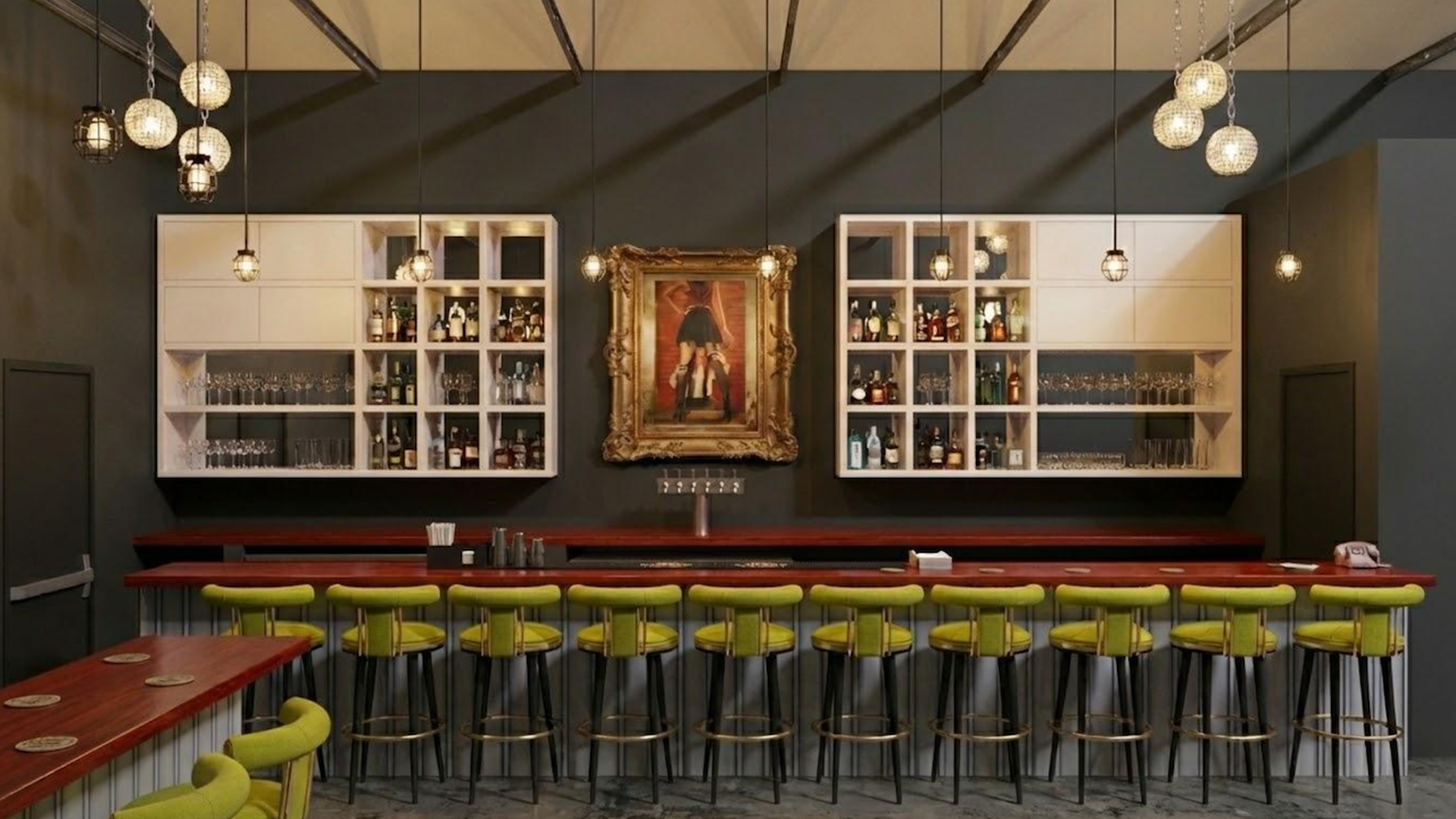 Modern bar interior with long wooden counter, lime green cushioned bar stools, hanging globe and cage pendant lights, white shelving with glassware and bottles, and framed painting in center.